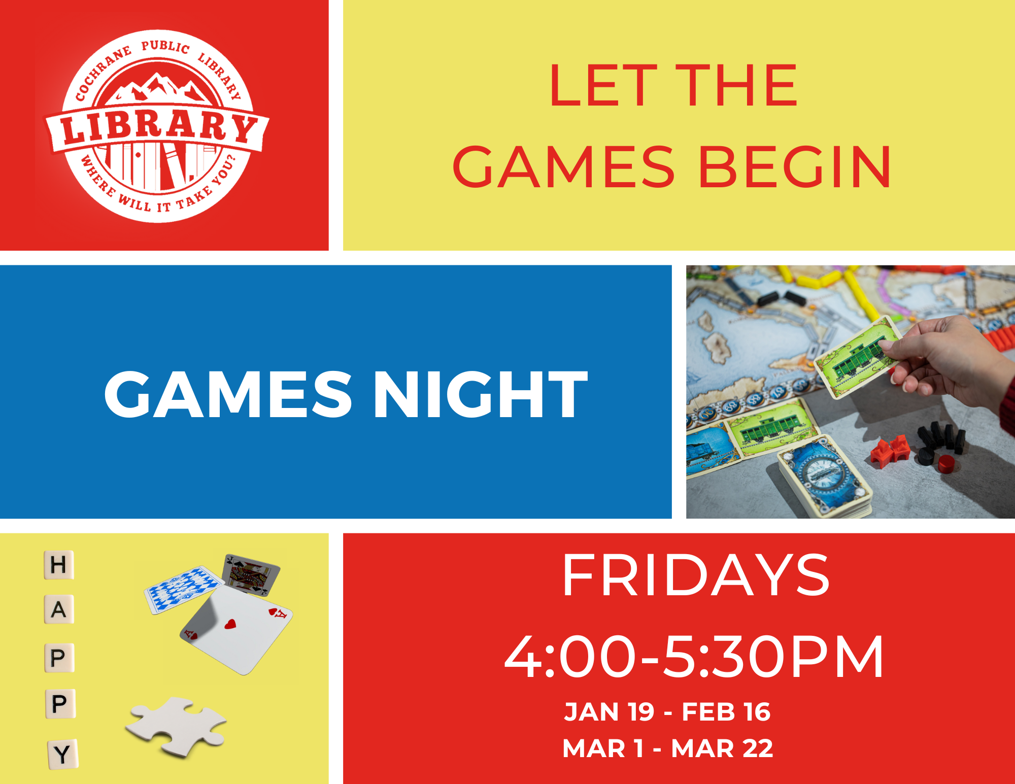 Poster with puzzle piece, board games and cards