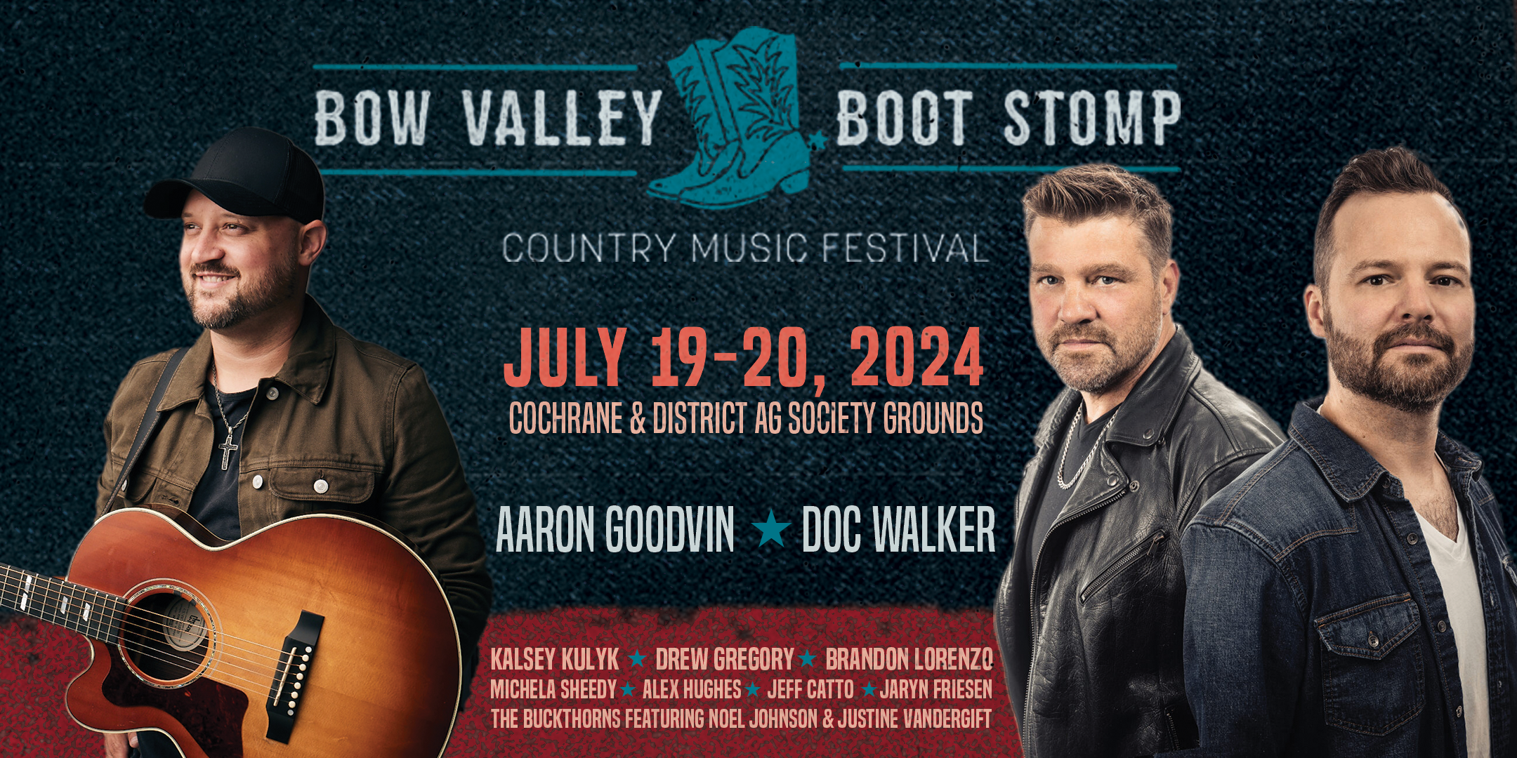 A blue jean background with photos of three musicians. Bow Valley Boot Stomp, teal cowboy boots, July 19th and 20th, and a smaller list of more artists that will be playing (this list is in the description as well).