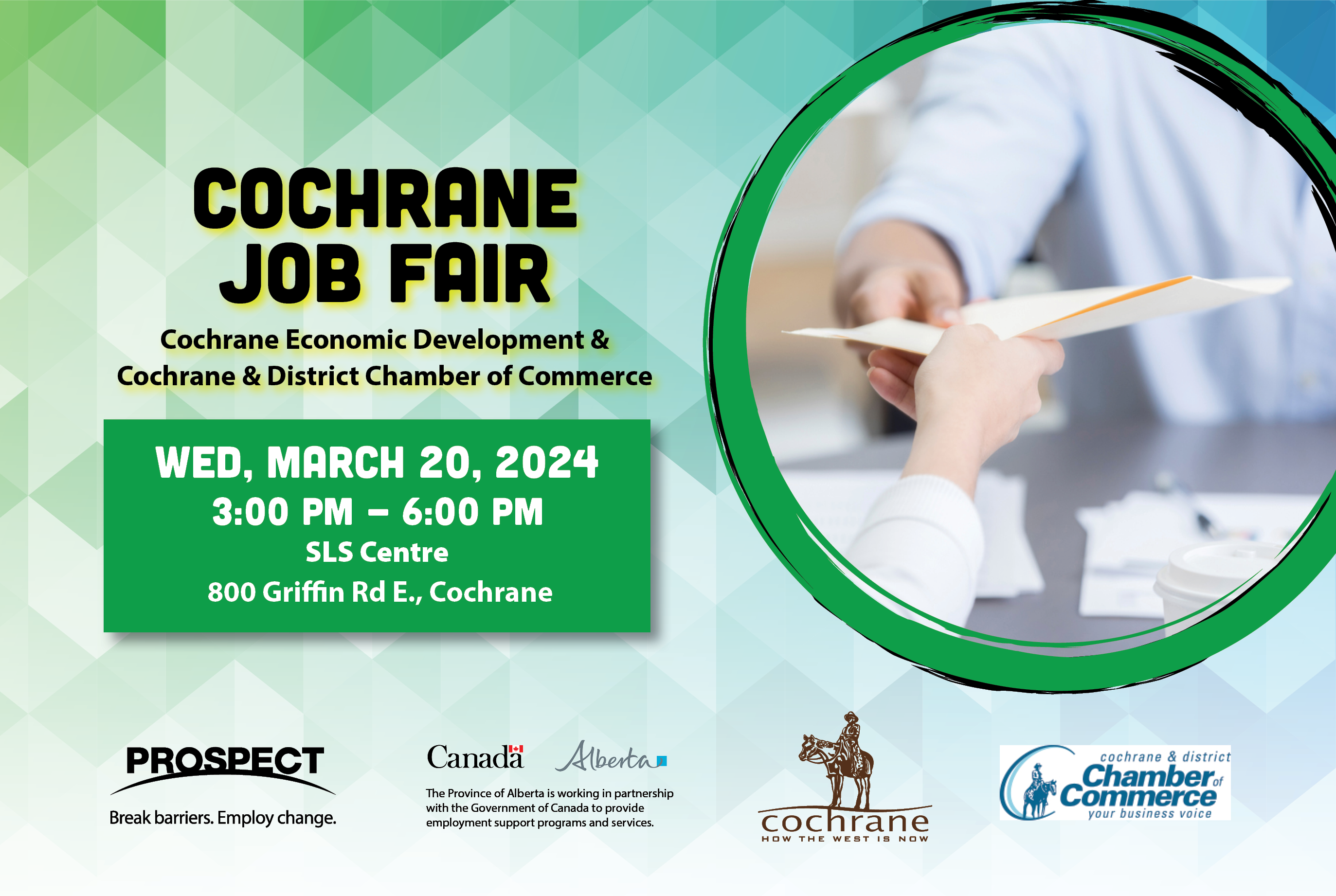 Banner with Cochrane Job Fair Description - In partnership with Cochrane Economic Development and Cochrane & District Chamber of Commerce. March 20th from 3PM to 6PM at SLS Centre