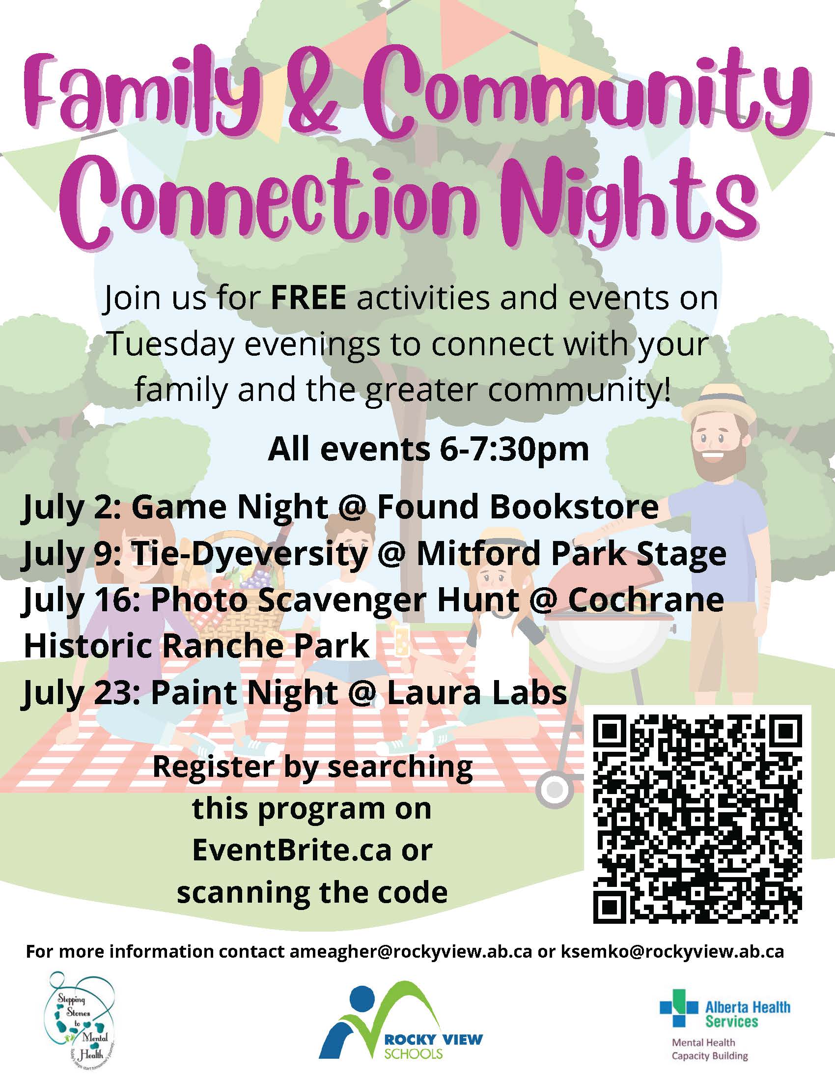 Poster with program information for all Family and Community Connection Night events in July.