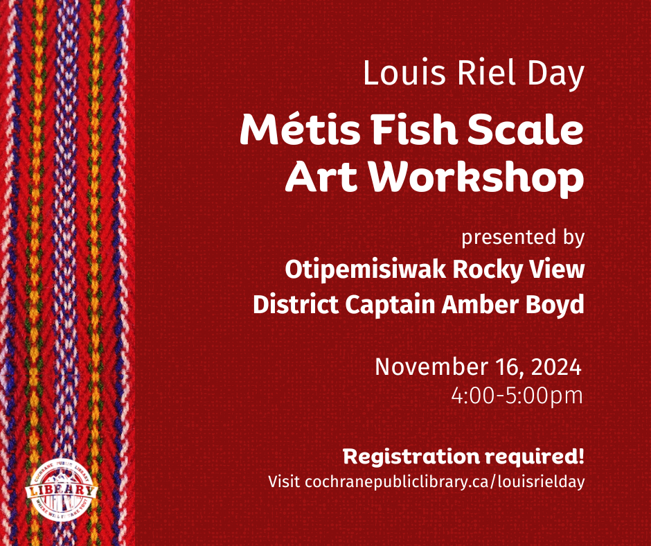 Maroon background with program details and Métis sash