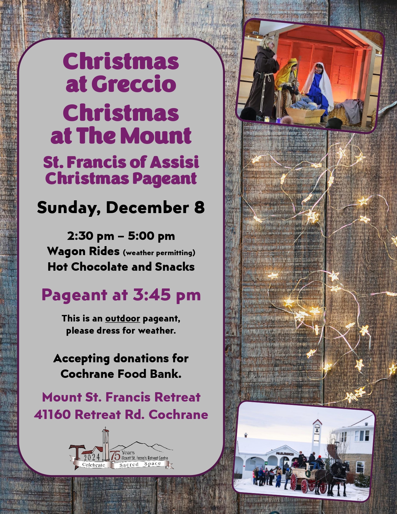 A Poster displaying photos of past Greccio celebrations and outlining event details