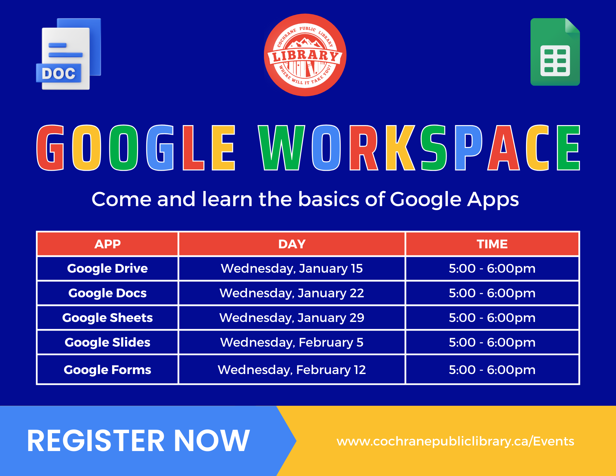 A poster listing times of the Google Classes.