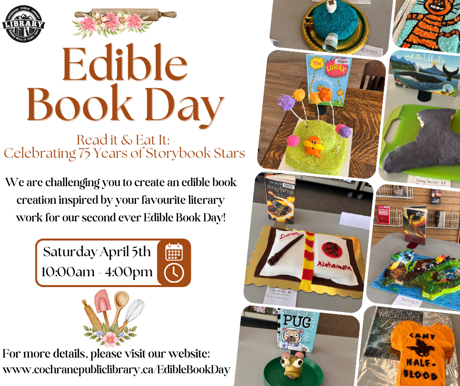 Poster for Edible Book Day with images of cakes and edible creations in cake or edible format. Poster also describes the Edible Book Day event.