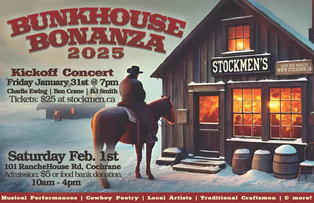 Bunkhouse Bonanza Poster - Cowboy on horse looking into a bunkhouse with a party going on inside. Event details at www.stockmen.ca
