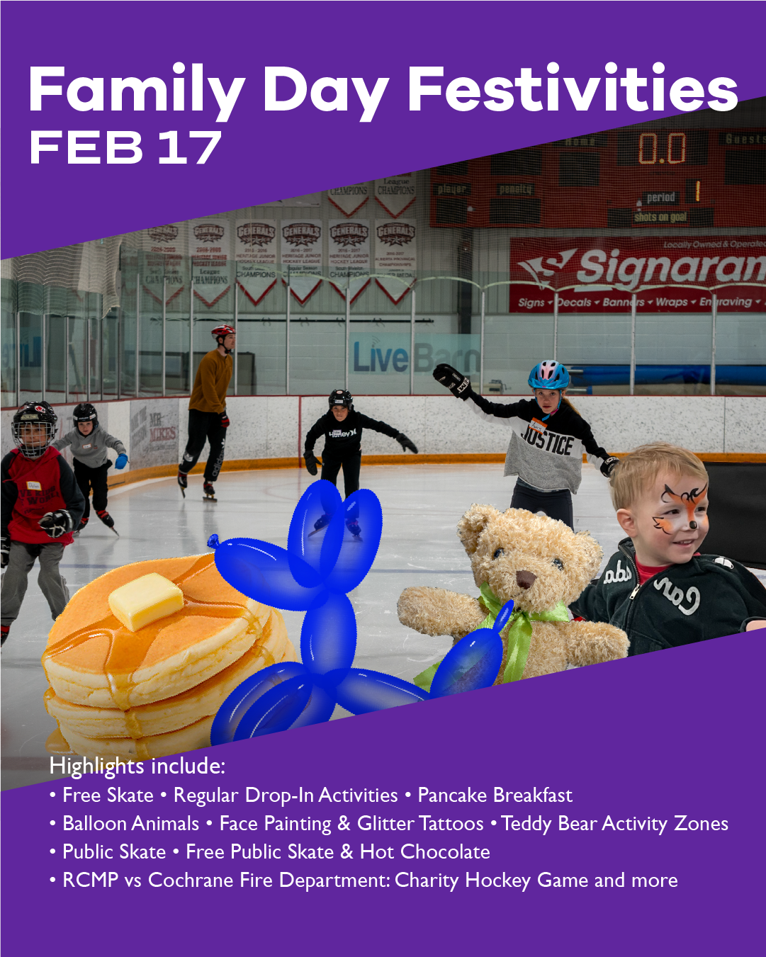 A designed poster that tells us about a Family Day event happening at SLS Centre in Cochrane, Alberta. The Event is on Feb 17 and starts at 10am.