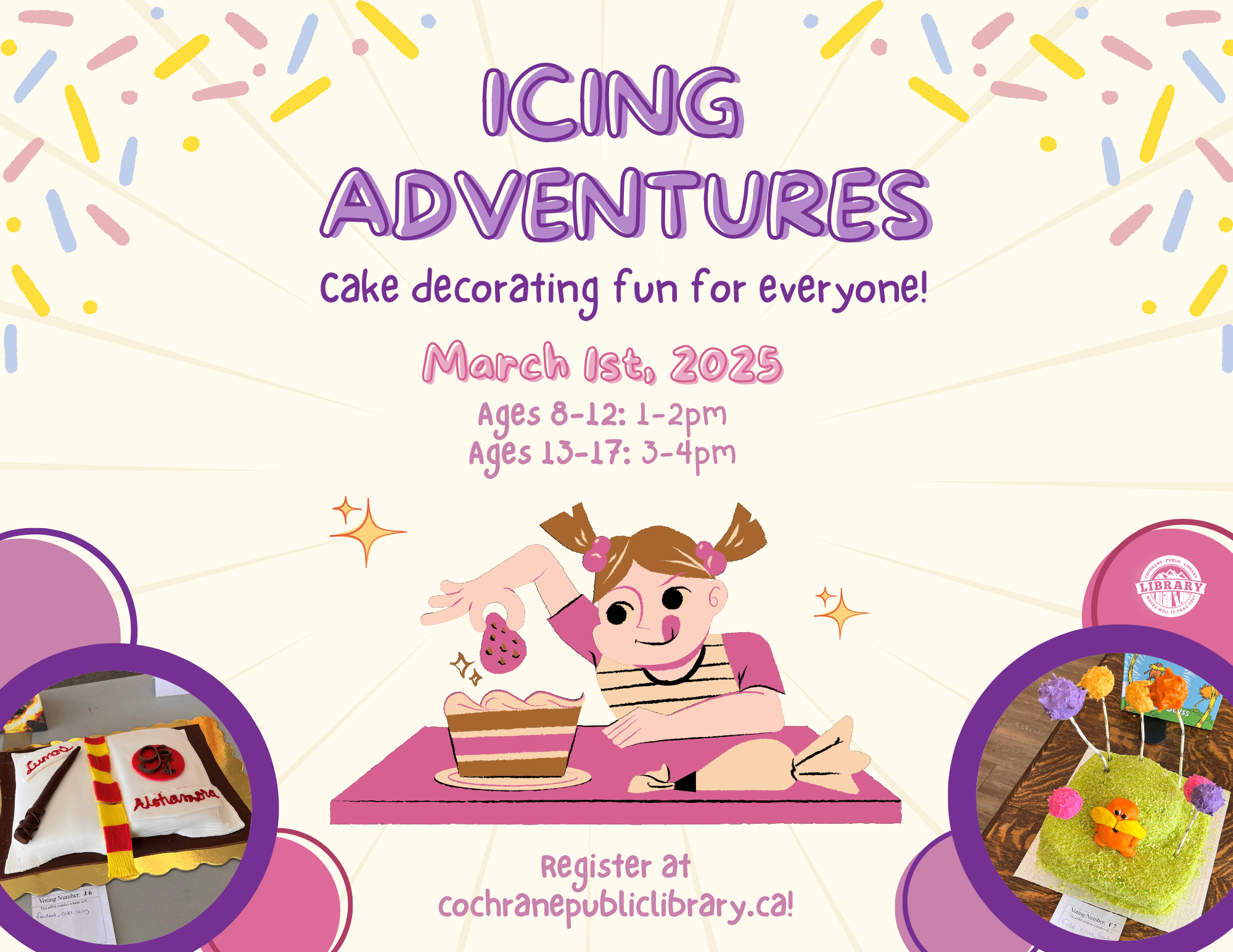 Young girl decorating a cake. Text reads "Icing Adventures Cake Decorating Workshop, ages 8-12".