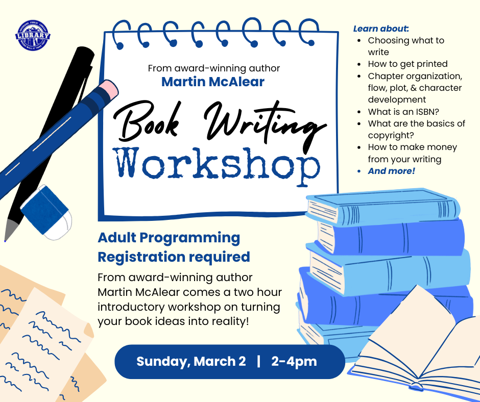 Writing stationery on cream background. Title reads, "Book Writing Workshop with Martin McAlear".