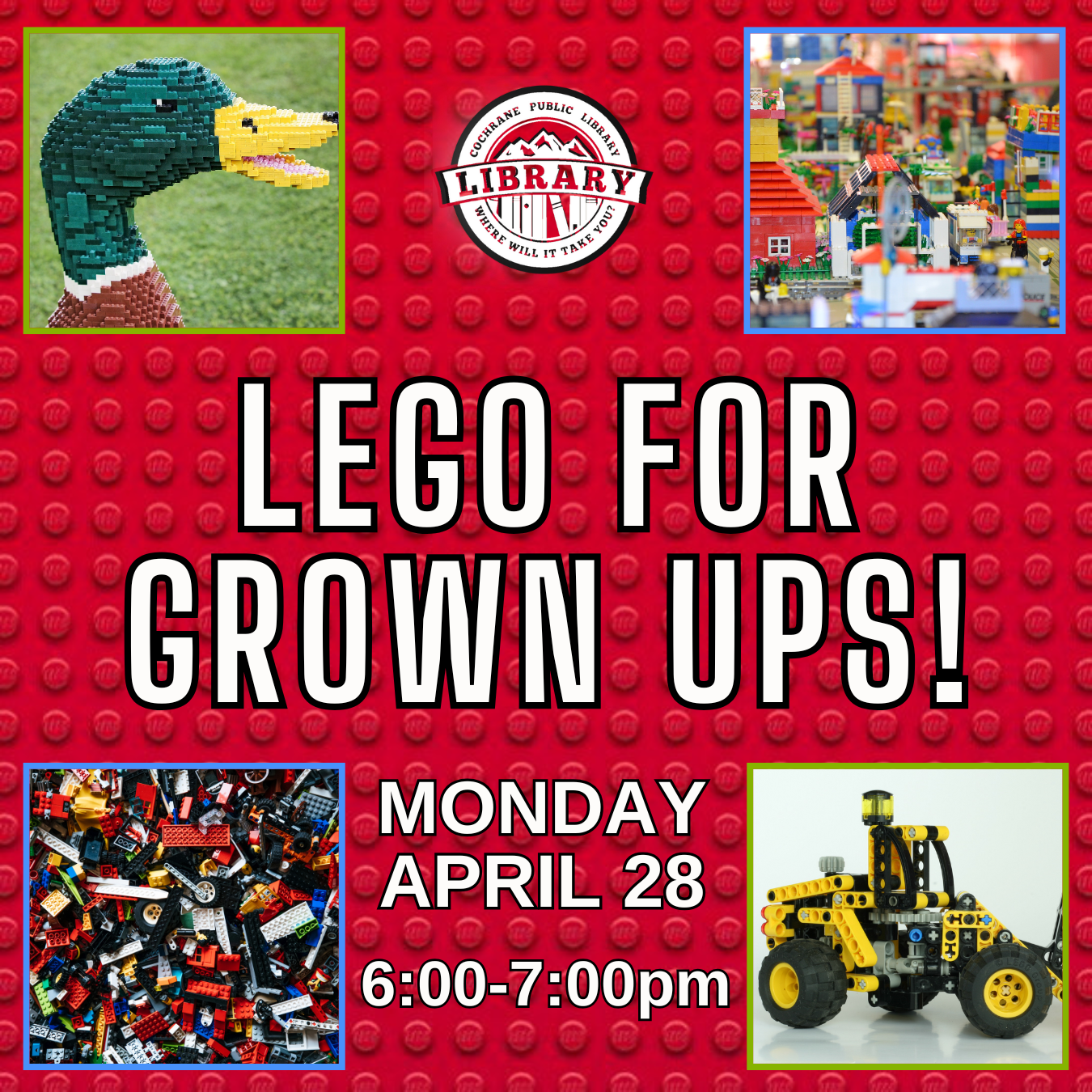 Red background with several lego photos and event details