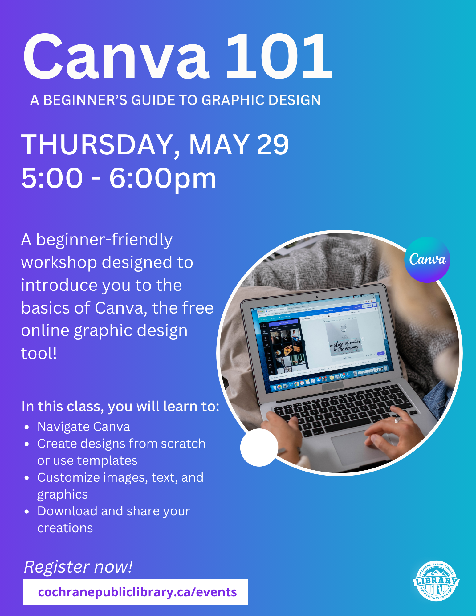 Canva background with event details and computer