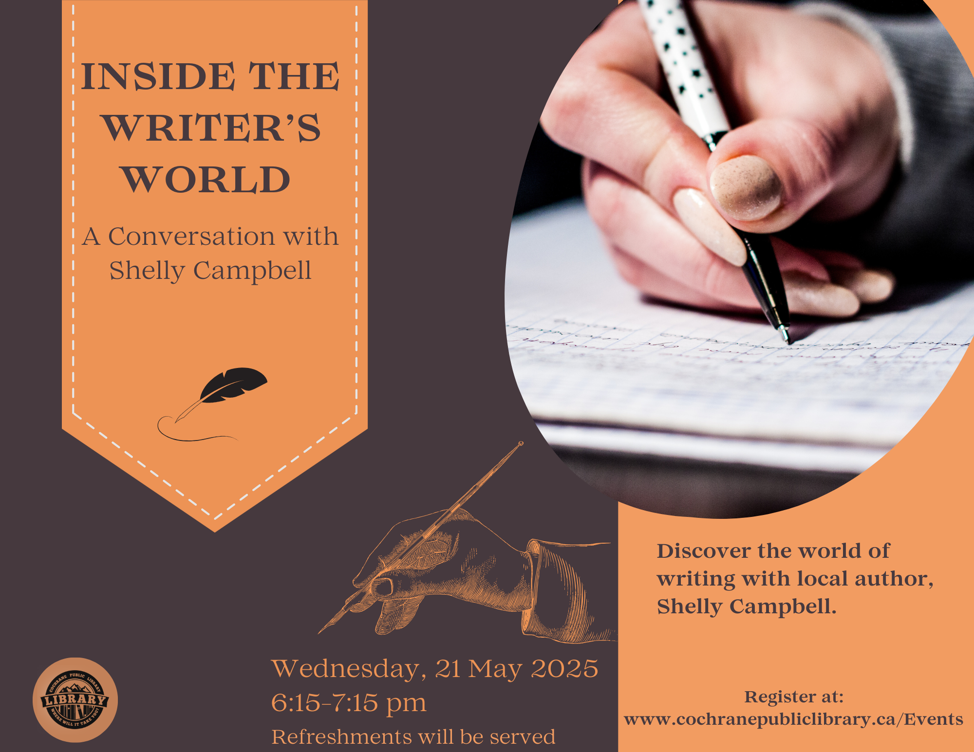Orange and Brown poster with a person writing in a book