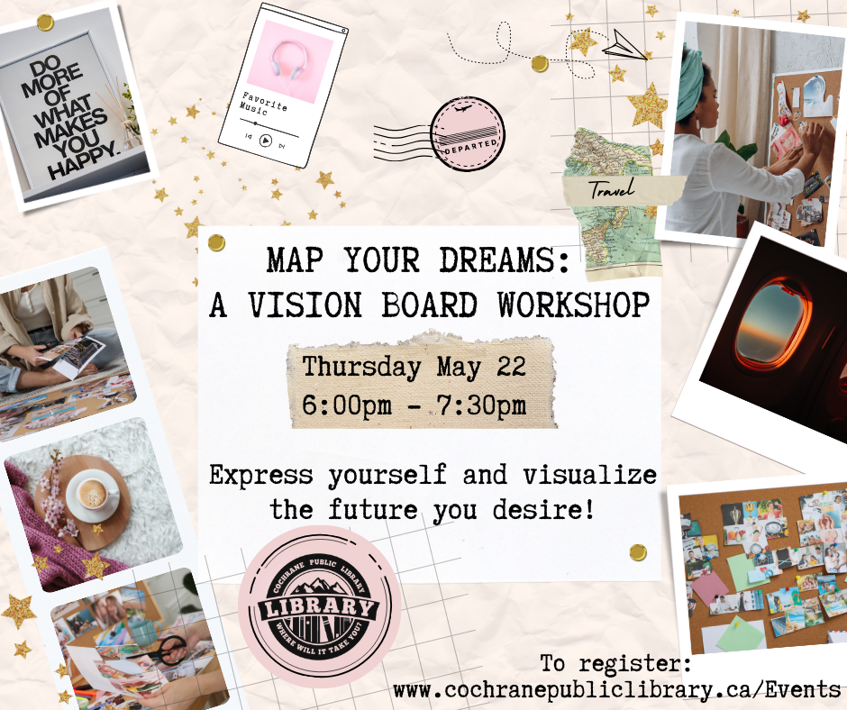 Poster for Map your Dreams: A vision board workshop, with pictures of vision boards, and the details listed.