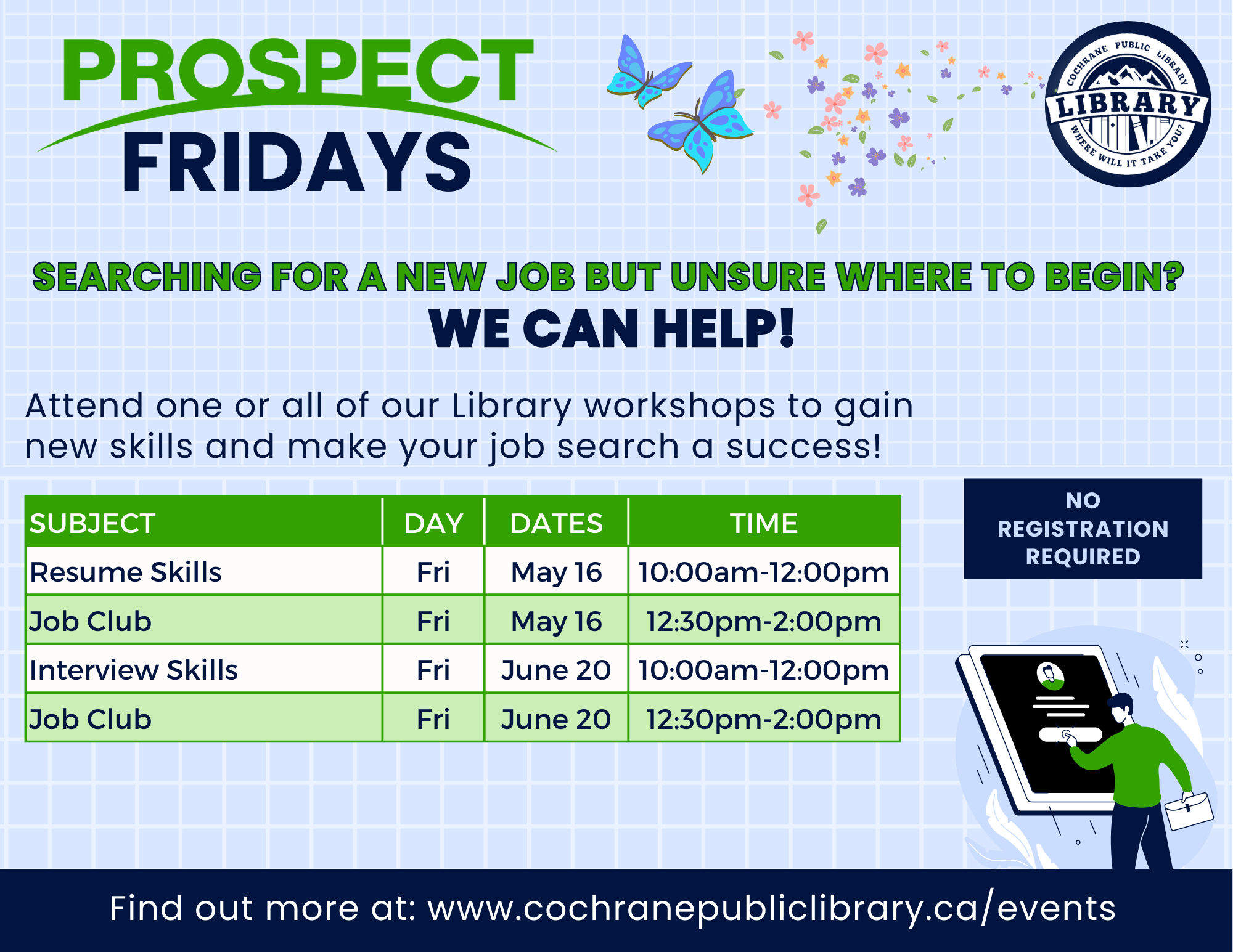 Poster for Prospect Fridays at the Cochrane Public Library with Prospect Human Services.