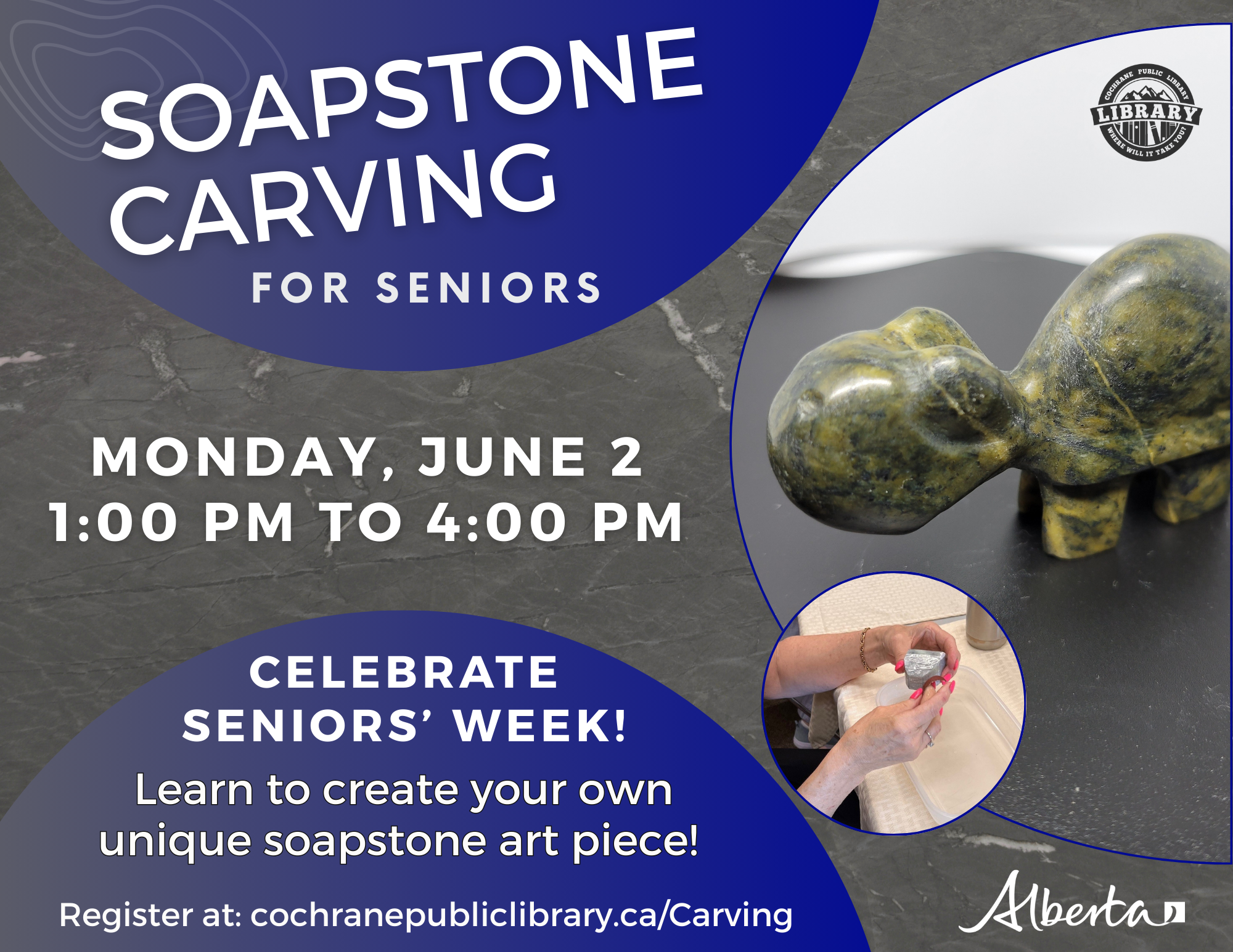 Grey background with photos of a soapstone carved turtle and event details.