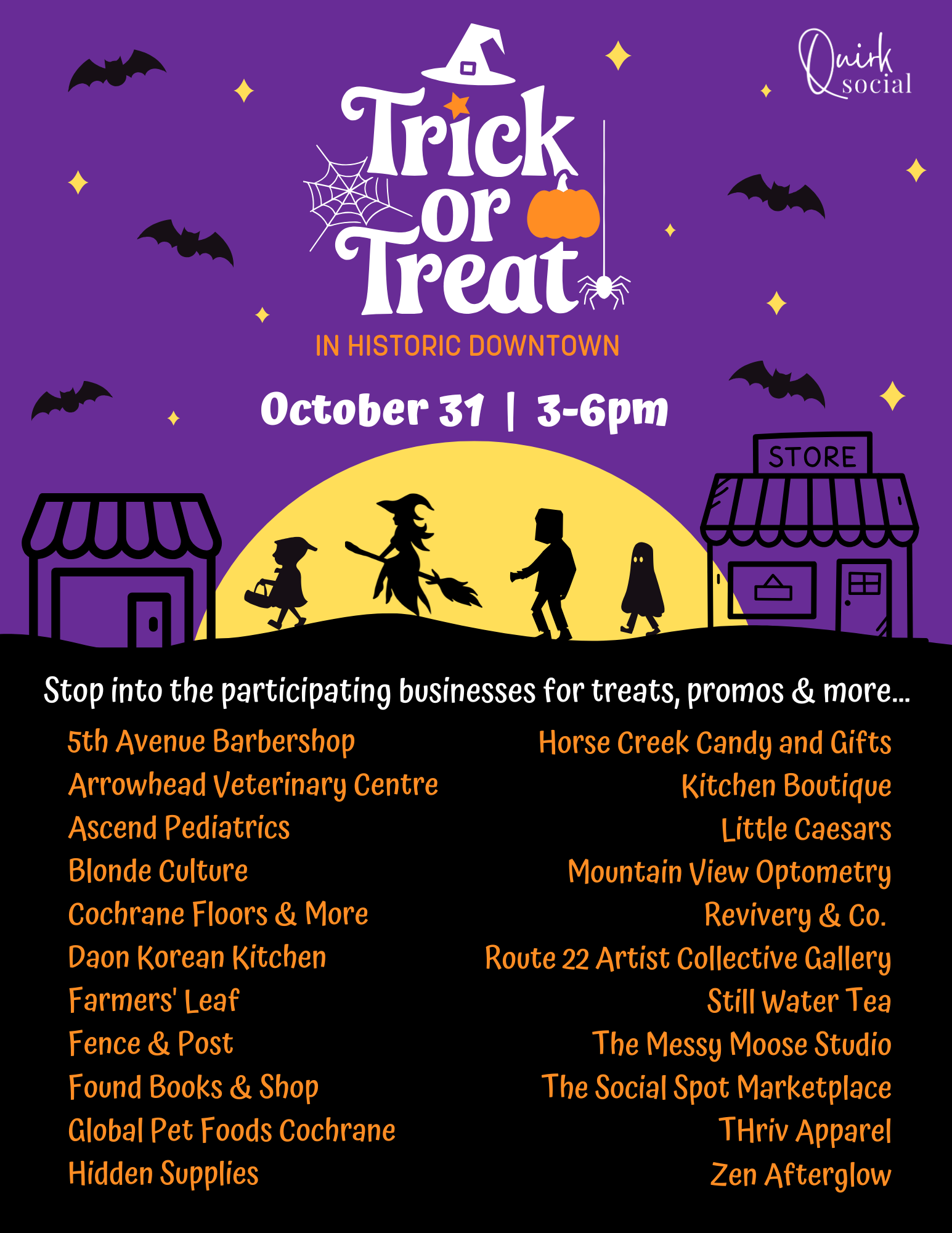 Trick or Treat in Historic Downtown Cochrane. Purple background with black illustrated bats, houses, and Halloween characters silhouetted against a yellow moon. Business names in orange on a black background on the bottom half. 
