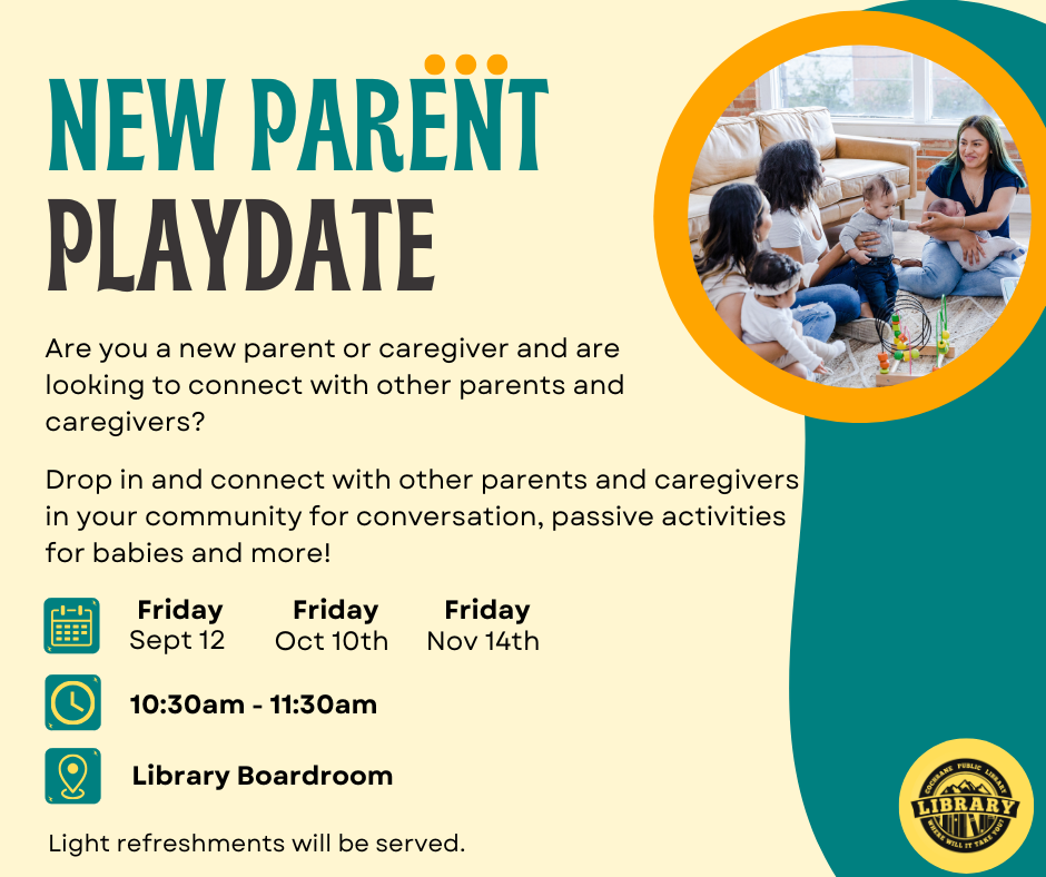 A yellow and blue poster for New Parent Playdate describing the details of the programs. A brief description of the program, the dates, the time, and the location are listed.