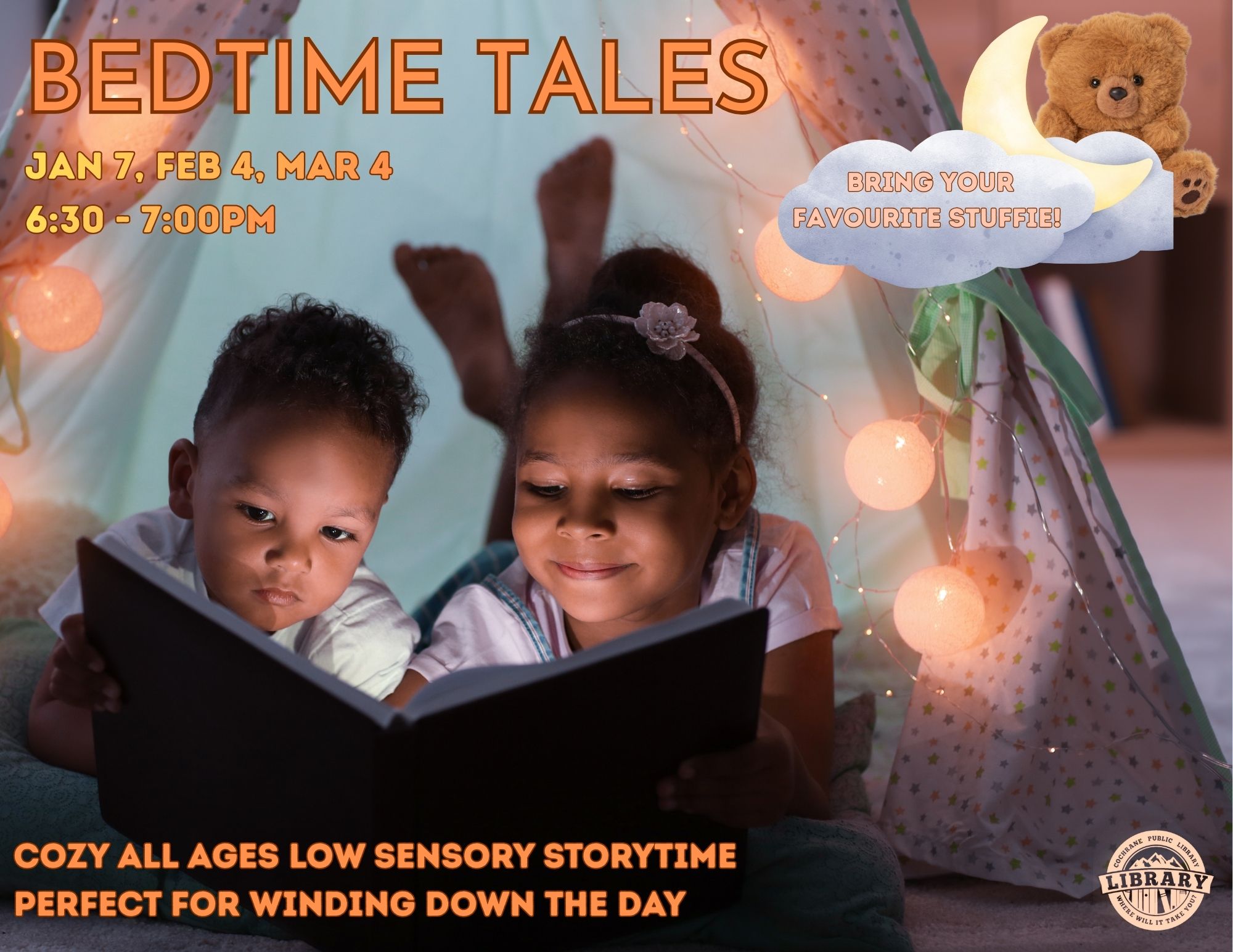 Bring your stuffies and wear your jammies if you like for a cozy, all ages low sensory storytime! We will have stories, quiet songs, and fingerplay, perfect for winding down the day.