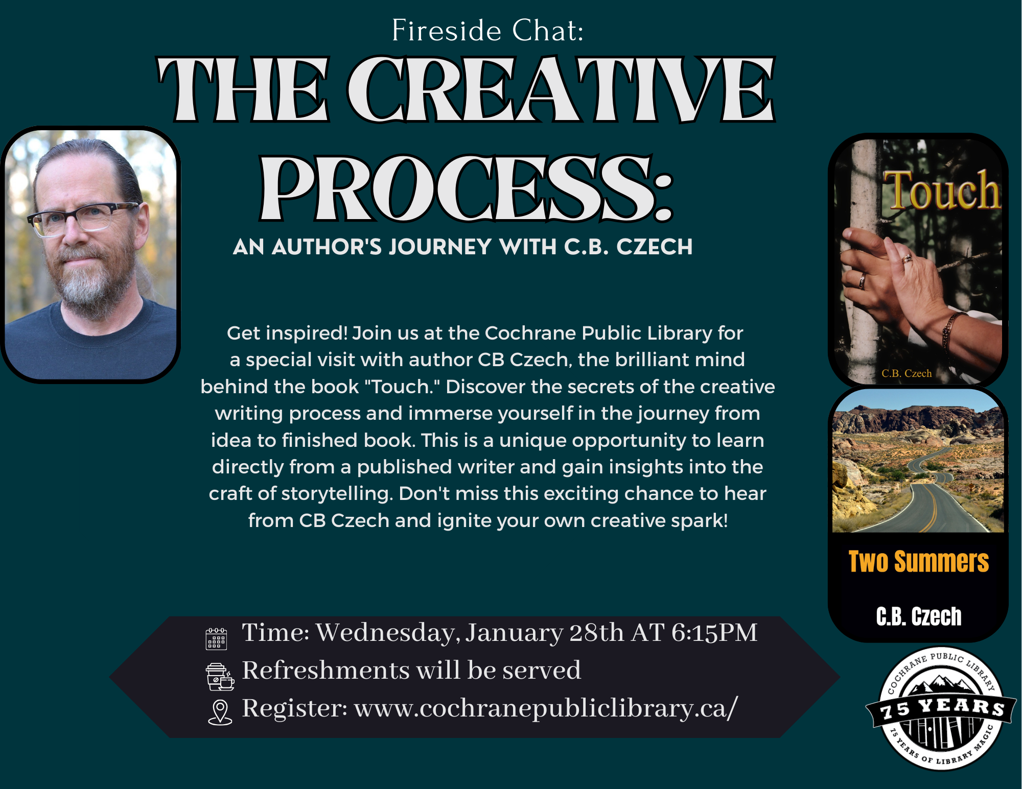 Teal colored flyer with 3 pictures, one is the author, one is the book cover touch, and the last picture is book cover two summers 