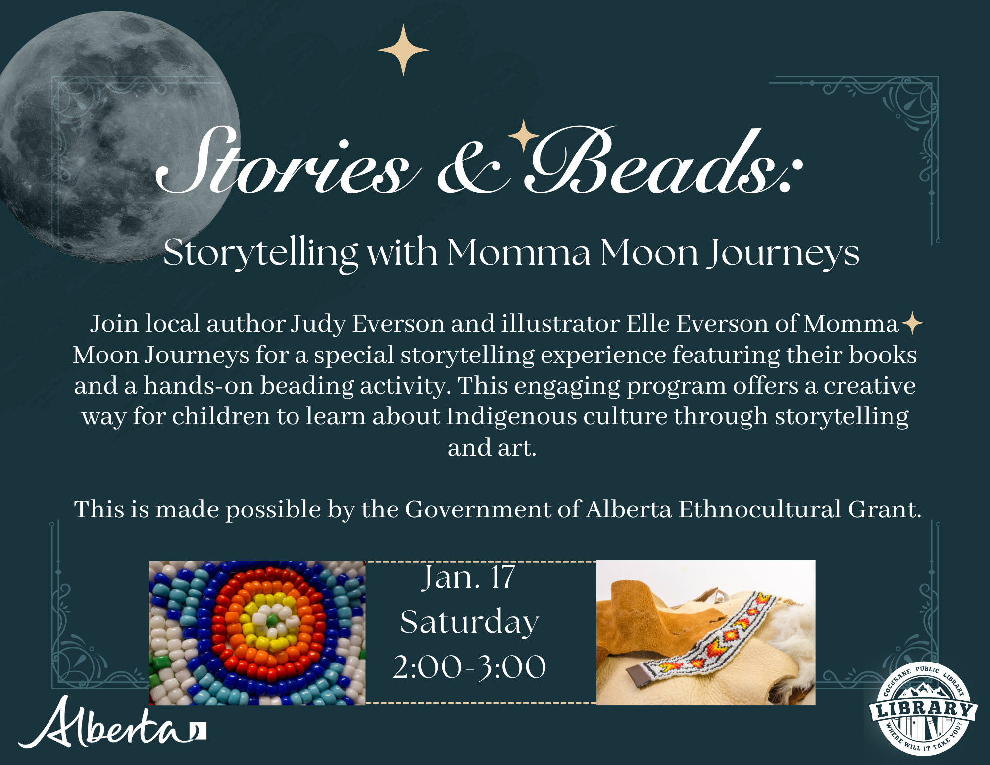 a dark blue flyer with a moon and beads on it describing the event details 