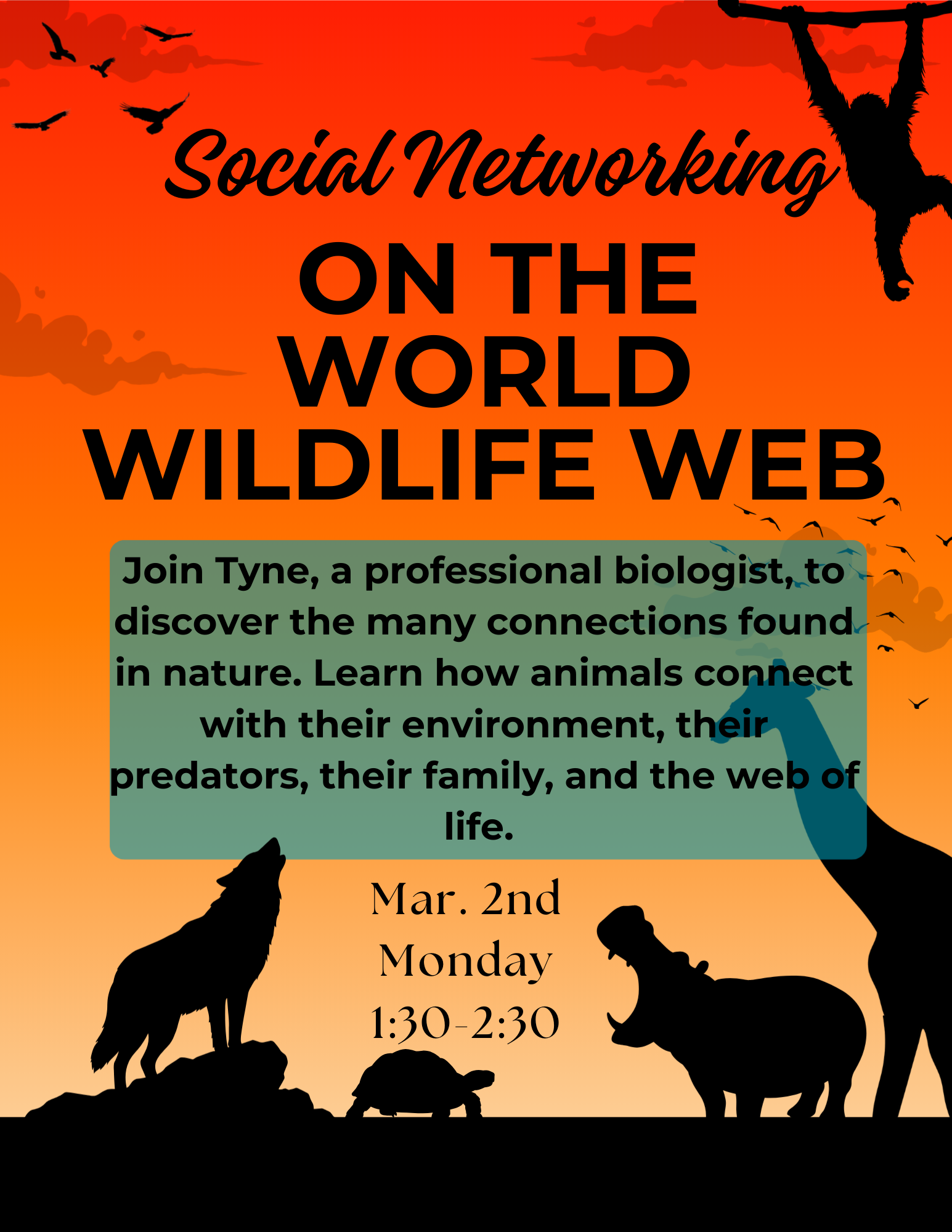 Sunset colored flyer with a wolf, tortoise, hippo, monkey, and birds silhouette with details of the event 