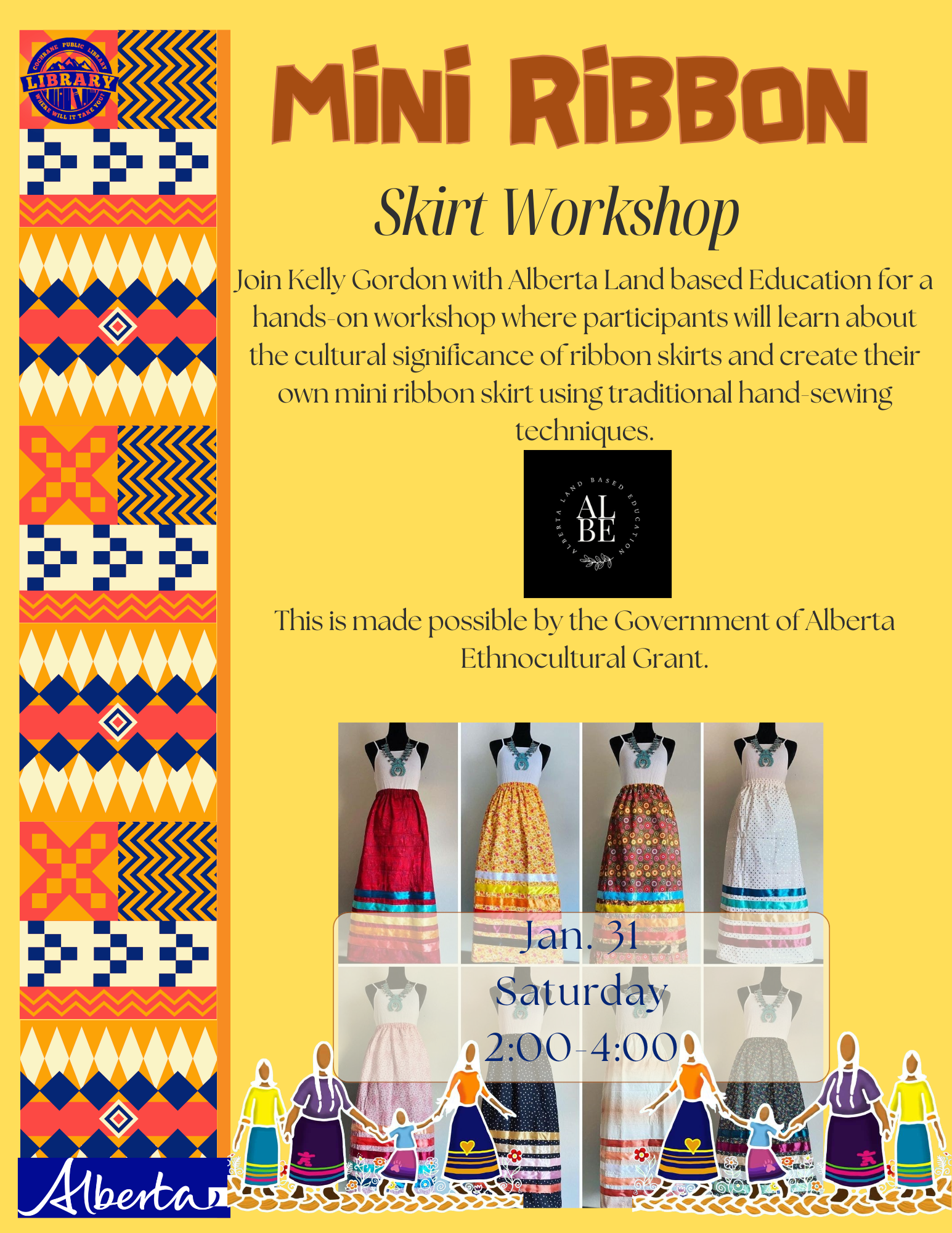 A bright yellow flyer that has indigenous ribbon skirts. As well as information about the event