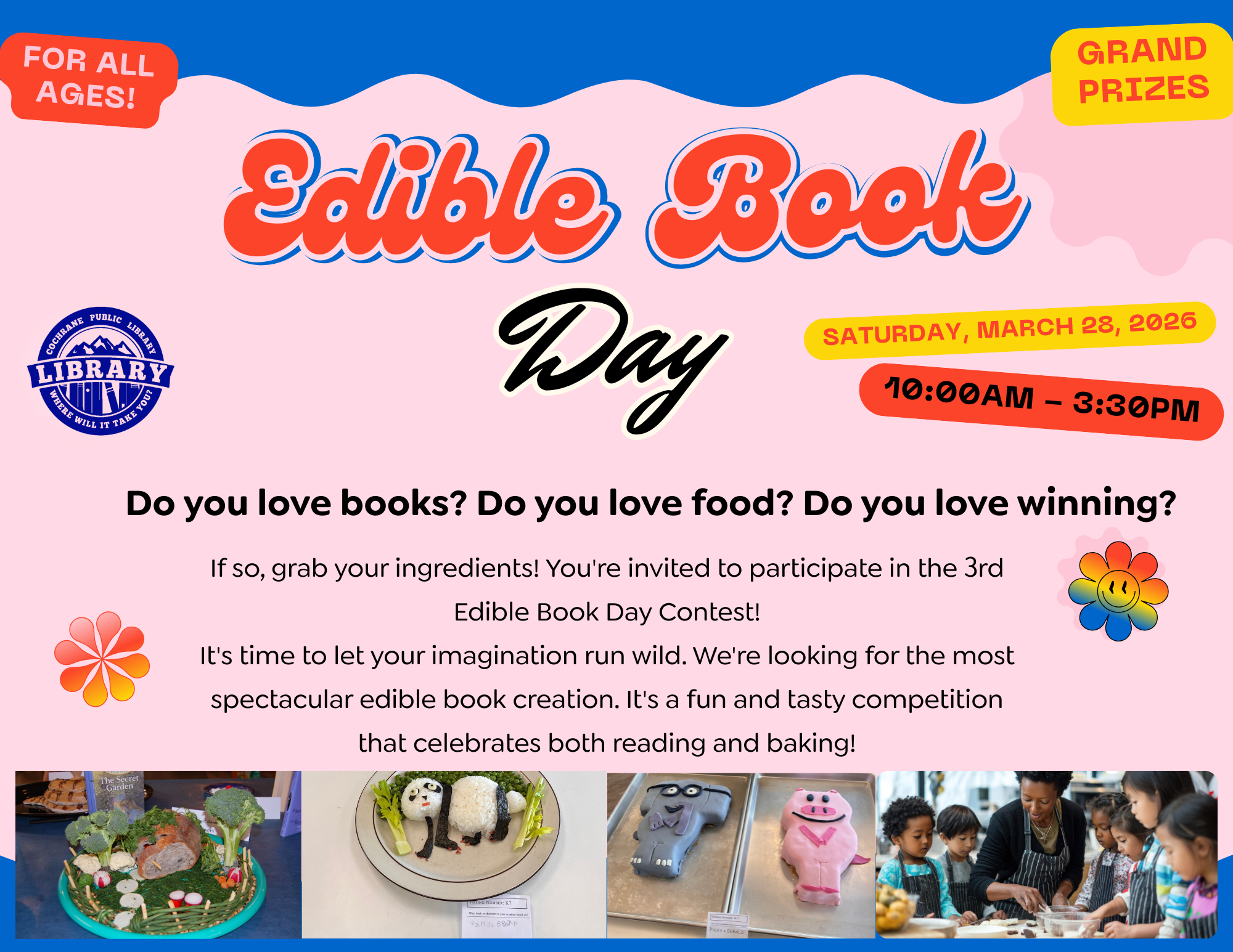 bright pink and blue flyer with pictures of last years winners with the description of the event