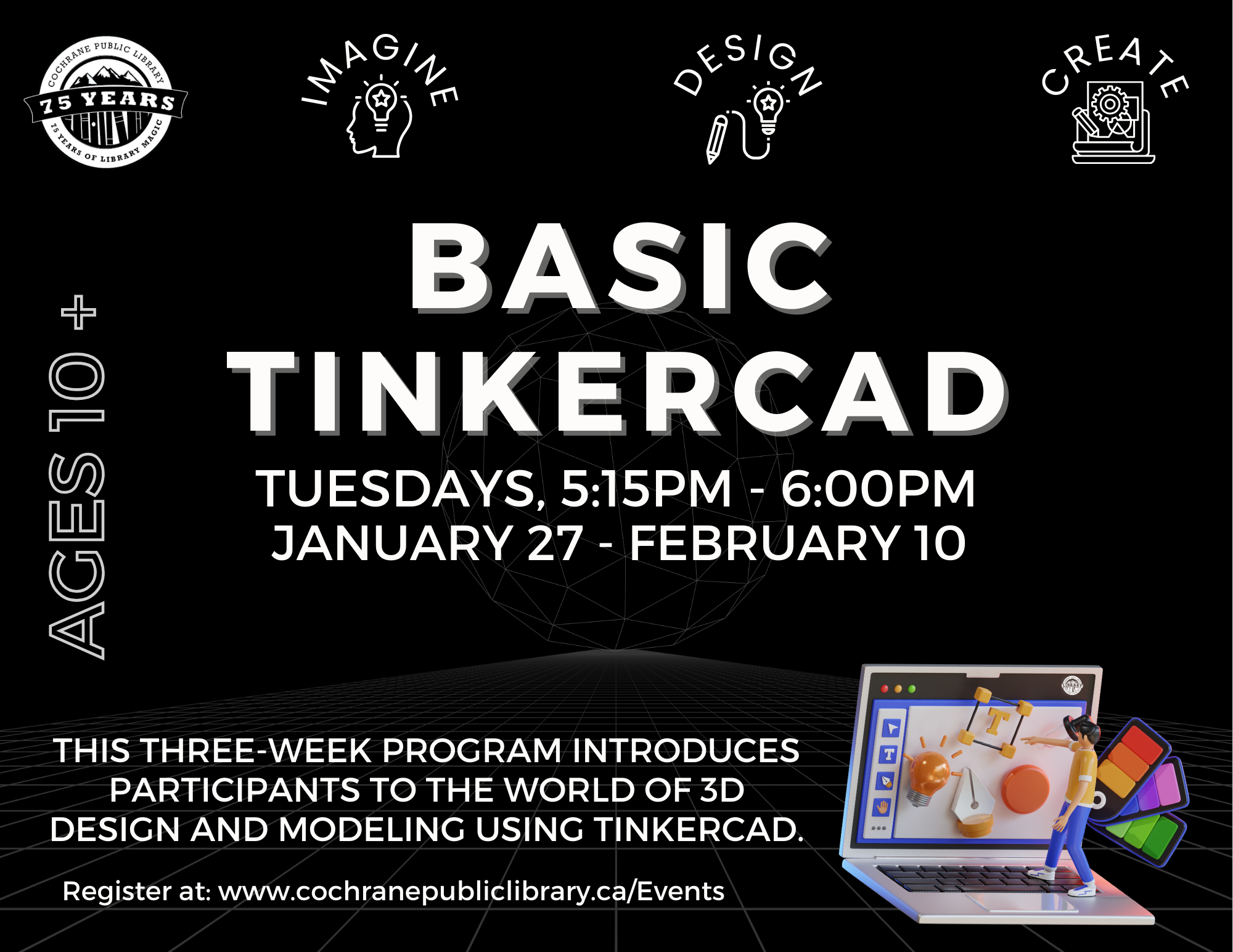 Black background with 3d graphics and a computer. Event information.