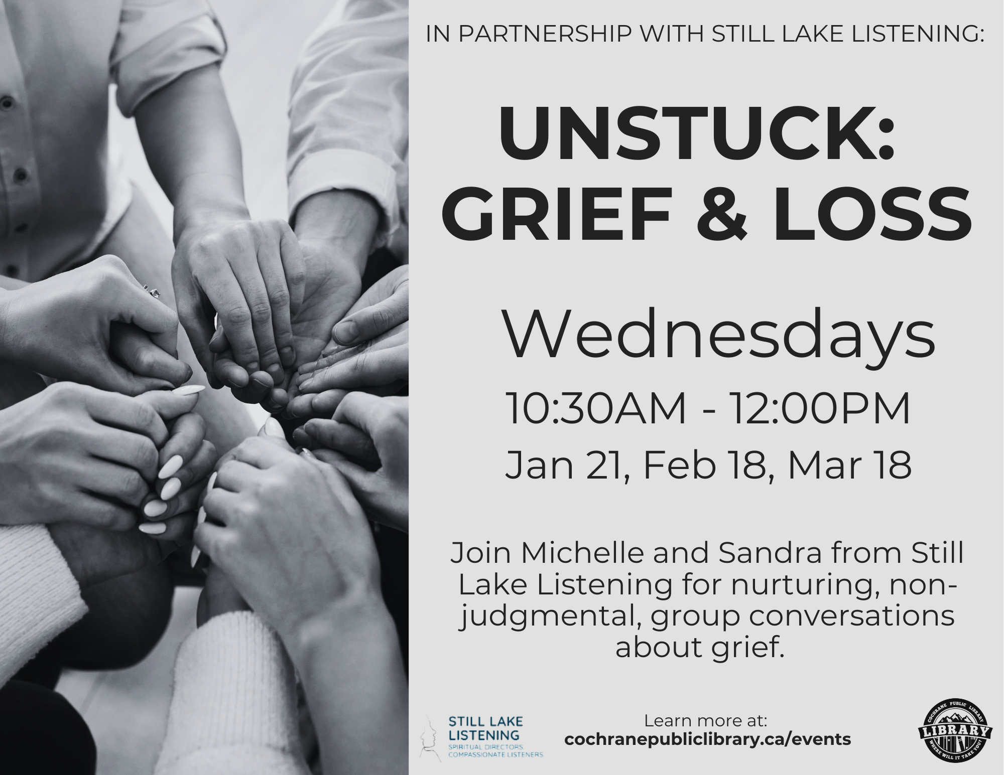 Monochrome photo of a group holding hands with event details