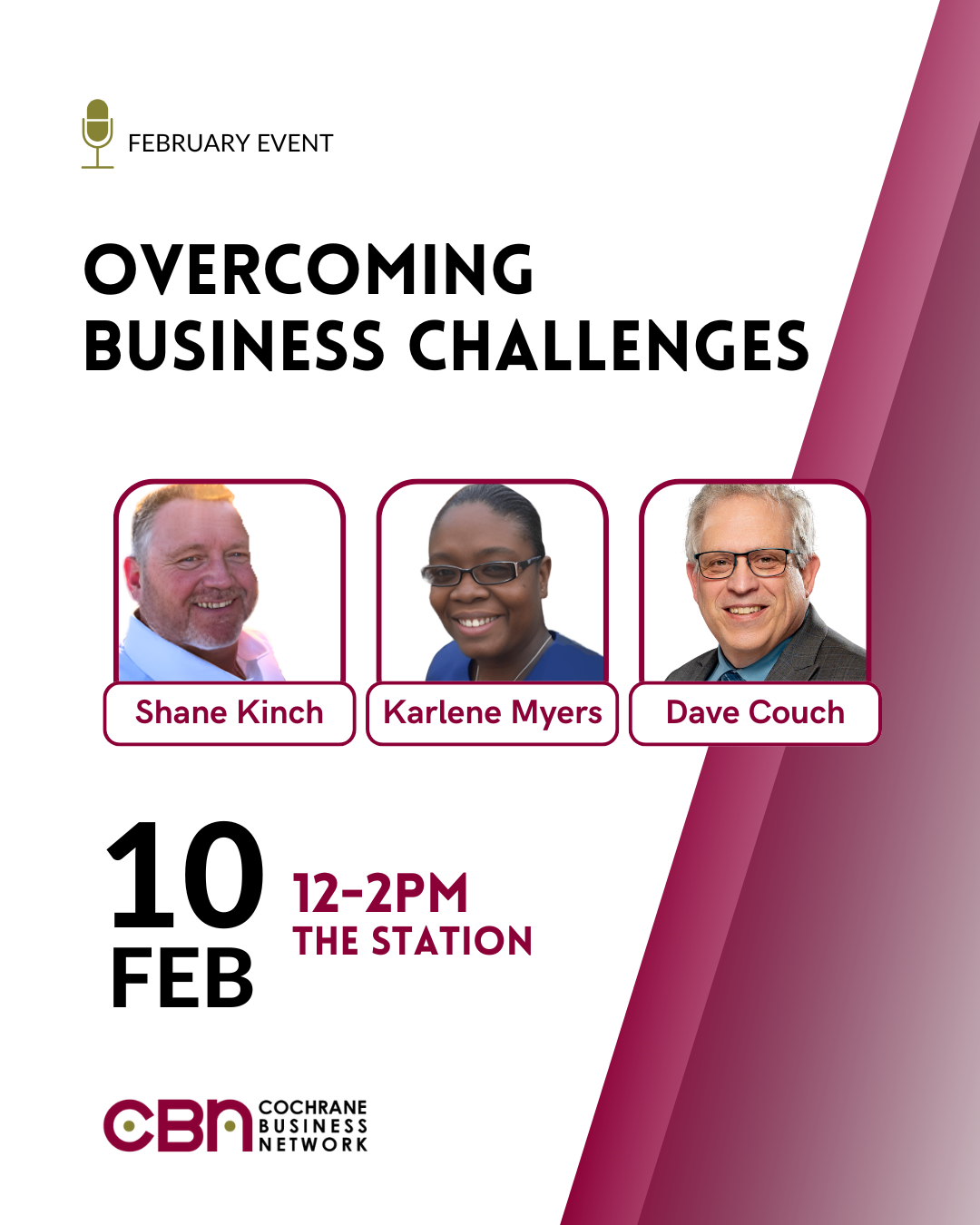 Pictures of Shane, Karlene and Dave with text that reads "overcoming business challenges" and event details