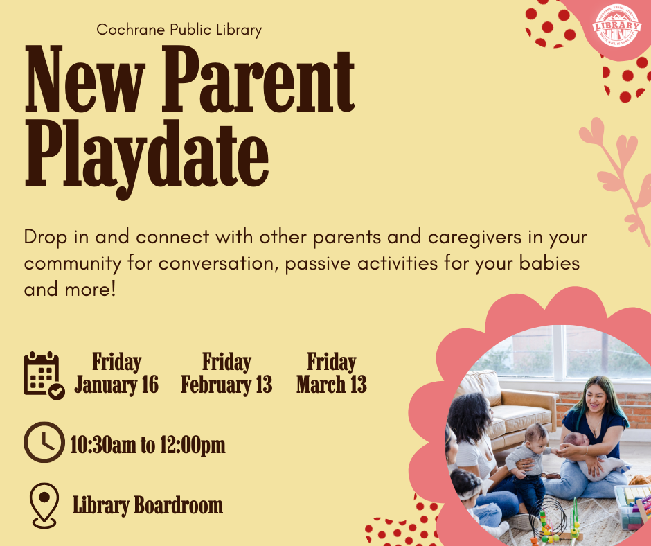 A yellow poster for New Parent Playdate with a picture of moms with babies. the poster is detailing the information found on this website.