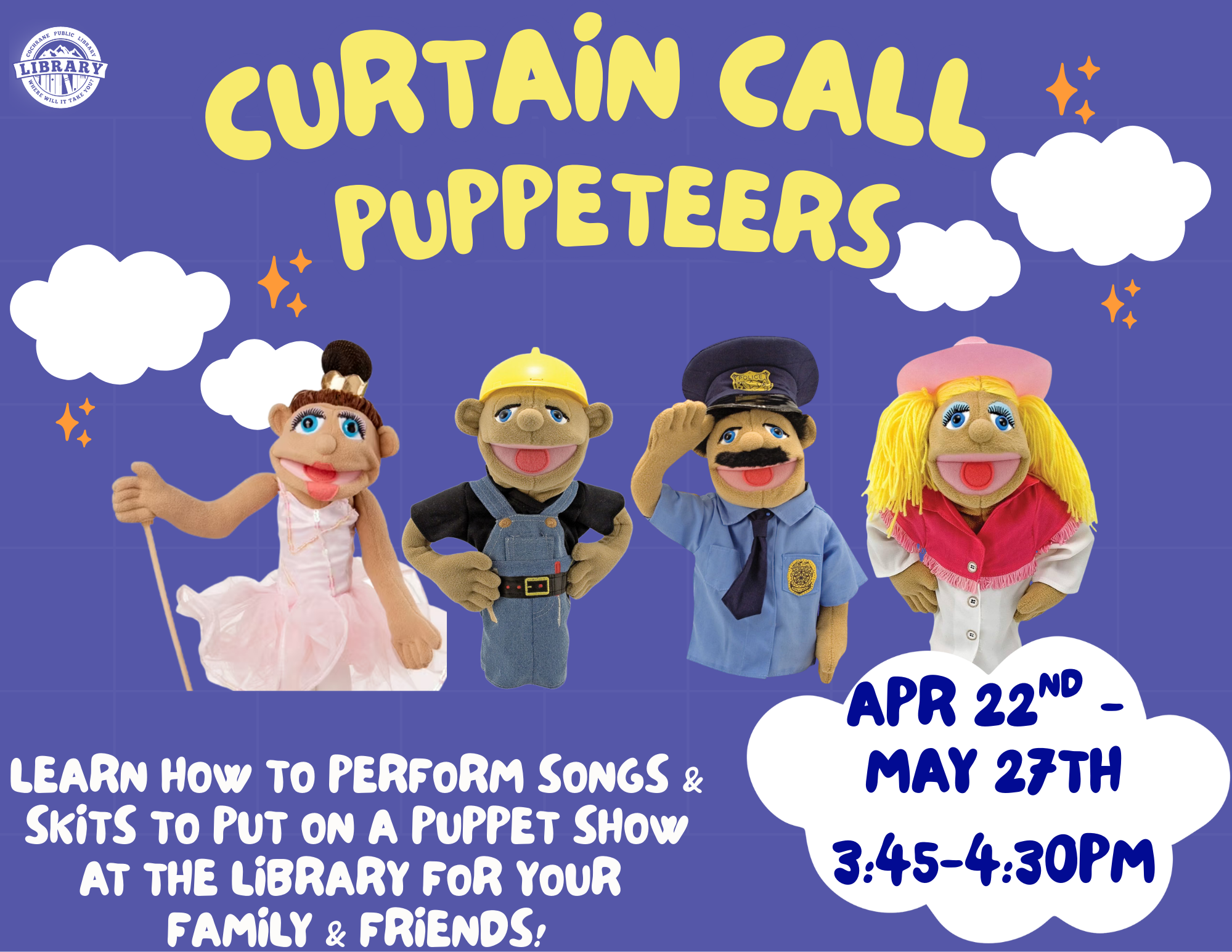If you love theatre and puppets, then we have the class for you! Join our puppetry group and learn how to mime your puppet to songs, show expression with your puppet, and read a script and project your own voice for your puppet. The last class will be a puppet show with songs and skits put on for your family and friends. Come and bring our puppets to life! Ages 7-12 *Registration open Saturday March 28th at 10:30am.