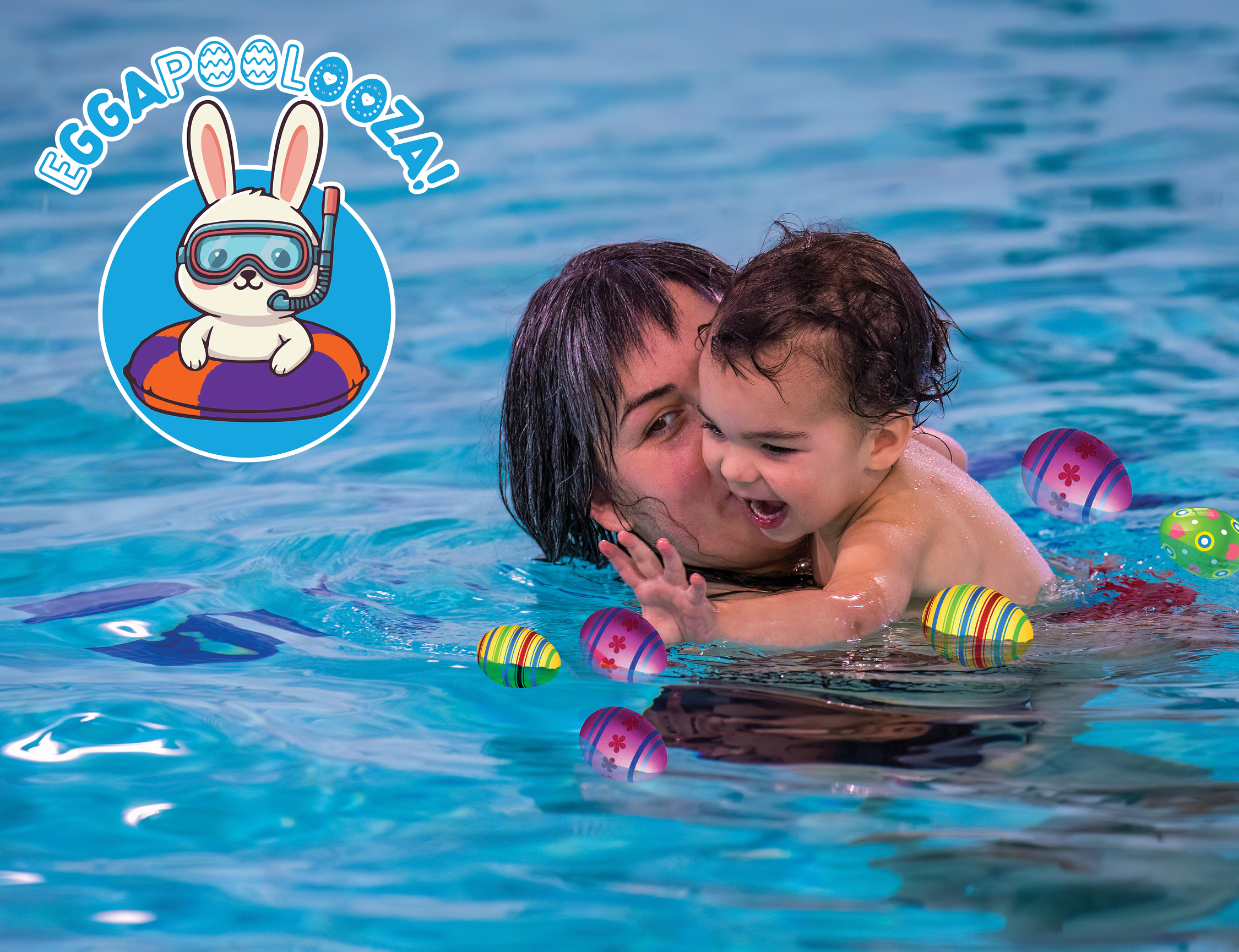 A caregiver and young child in a swimming pool surrounded by colorful floating toy eggs. The EggaPOOLooza logo featuring a cartoon bunny in swim goggles appears in the top left corner.
