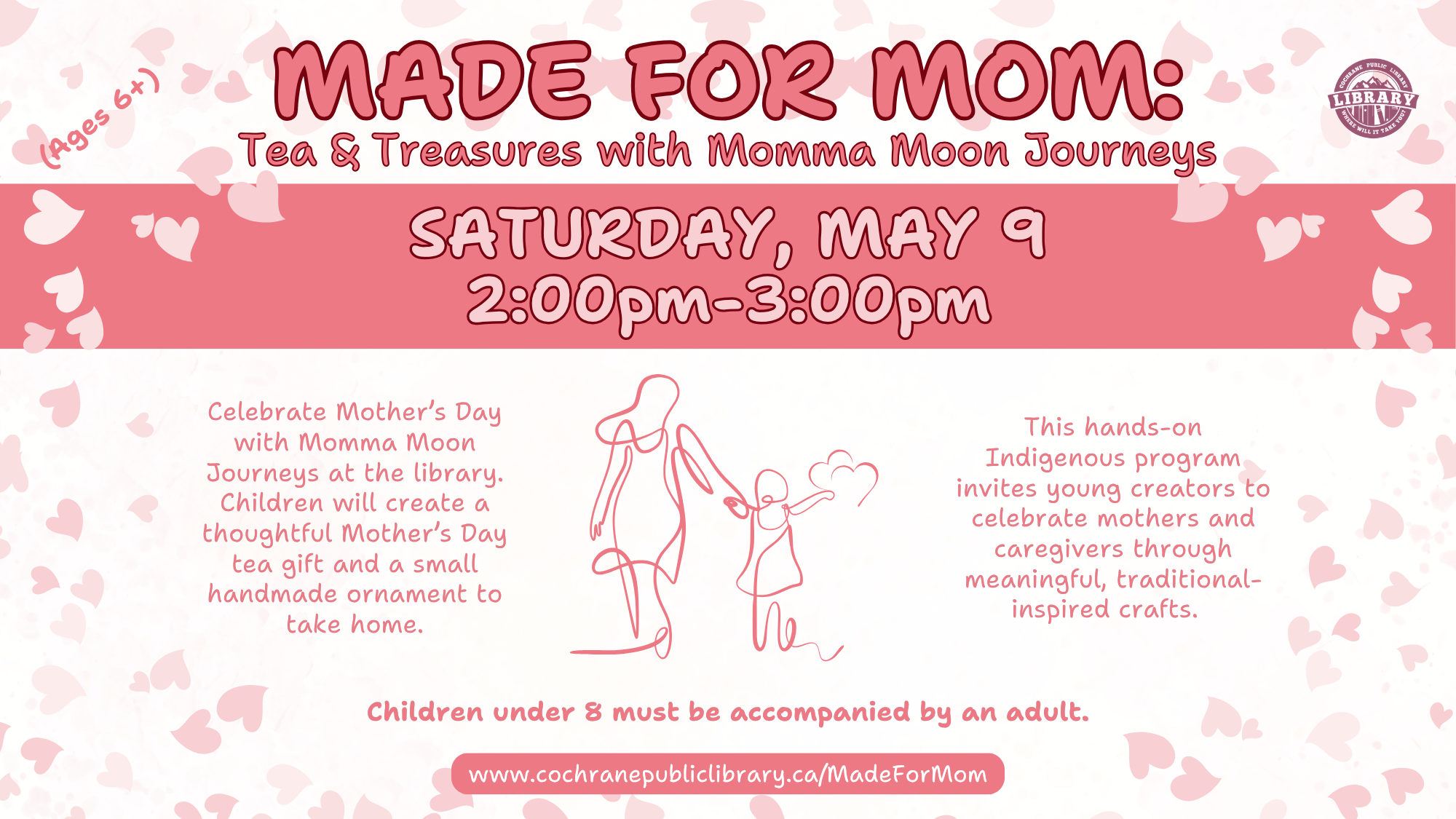 Poster with event details, pink colour with a line drawing of a Mother and Child
