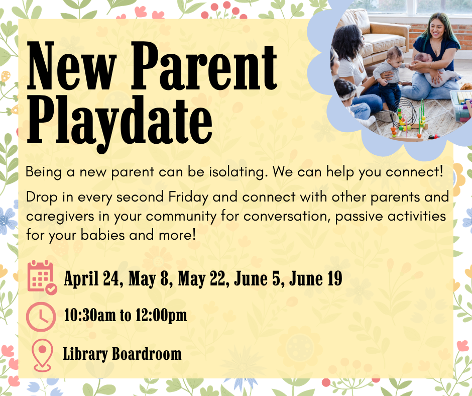 A yellow poster with a flowery background that details the specifics of the program, such as time, date, and location.