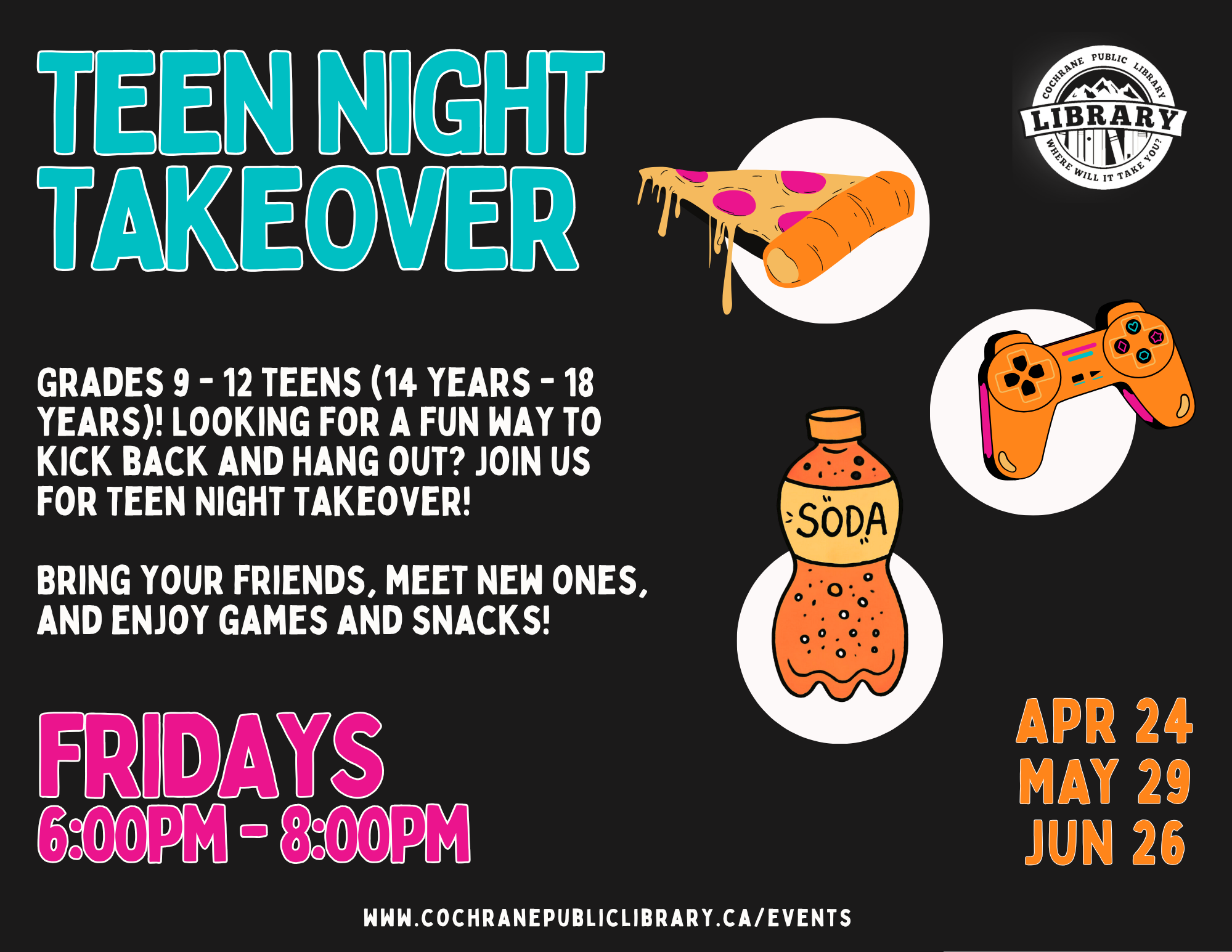 Teen Night Takeover with images of pizza, pop, and games.