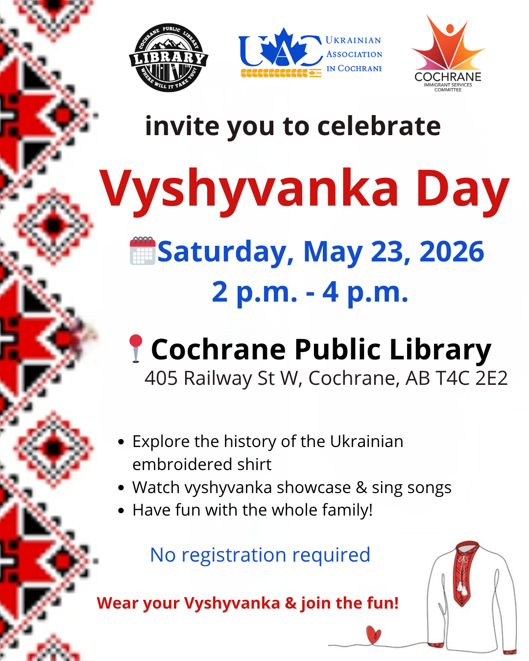 Poster featuring Ukrainian vyshyvanka patterning. Reads, "Vyshyvanka Day. Saturday, May 23, 2026, 2-4pm. Explore the history of the Ukrainian embroidered shirt. No registration required."