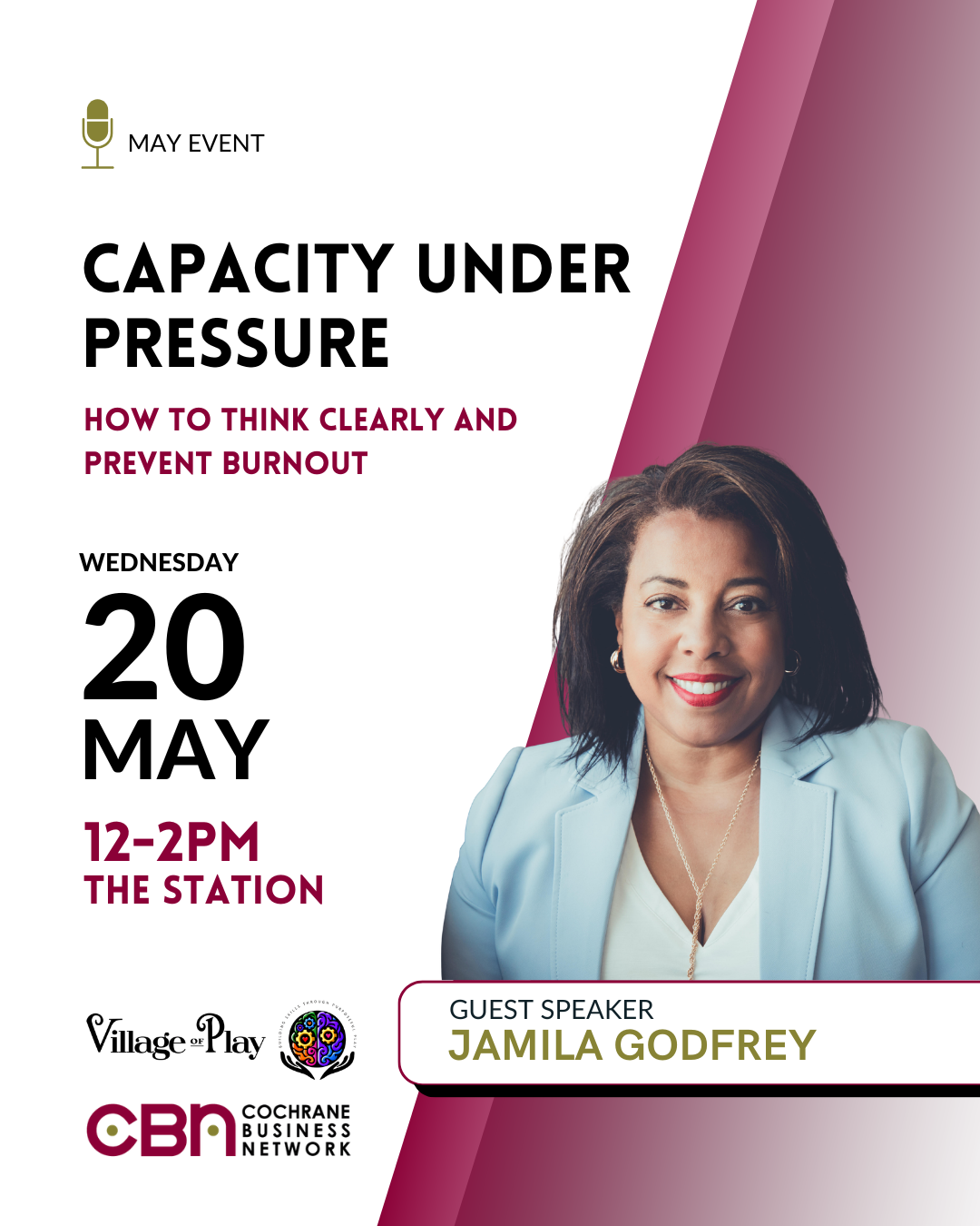 Cochrane Business Network May event - May 20, 12-2pm. Capacity Under Pressure with Jamila Godfrey, Village of Play.