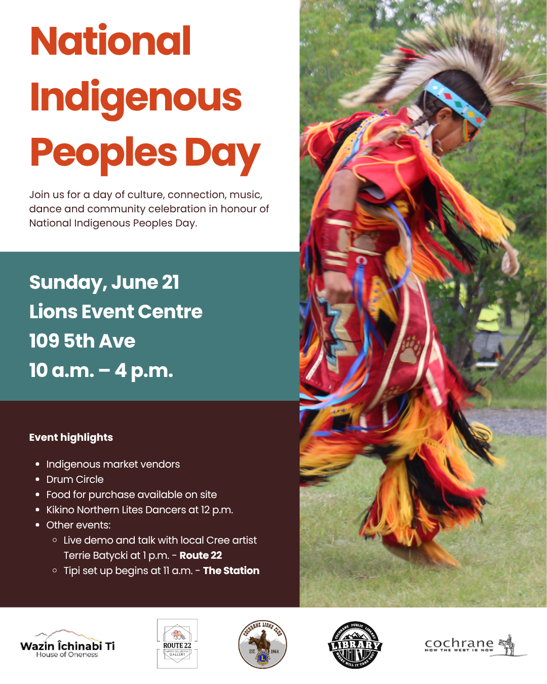 Poster for National Indigenous Peoples Day featuring an Indigenous dancer in regalia and event details for June 21 in Cochrane.