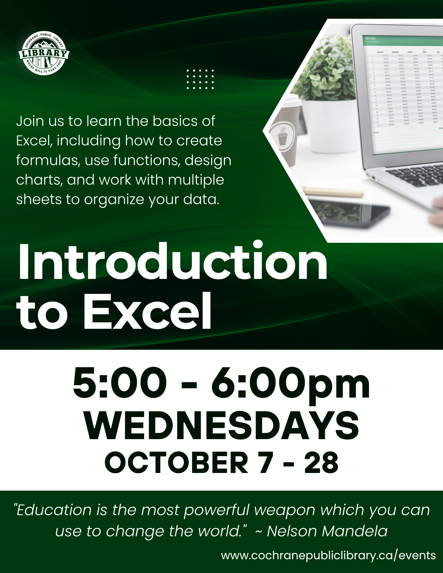 Green background with computer showing a spreadsheet. Event details