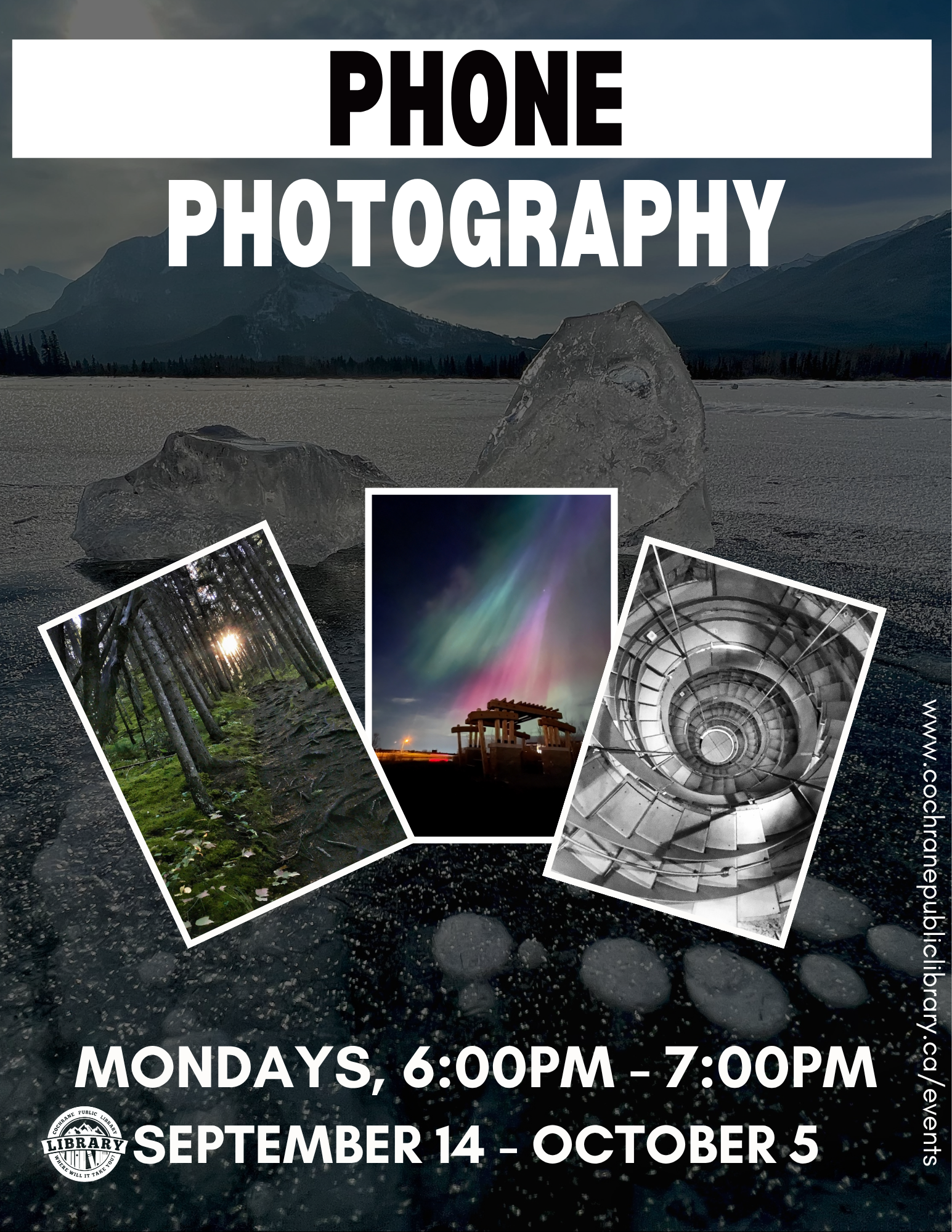 Black back ground with event details and photos of Northern Lights, spiral staircase and pathway through woods