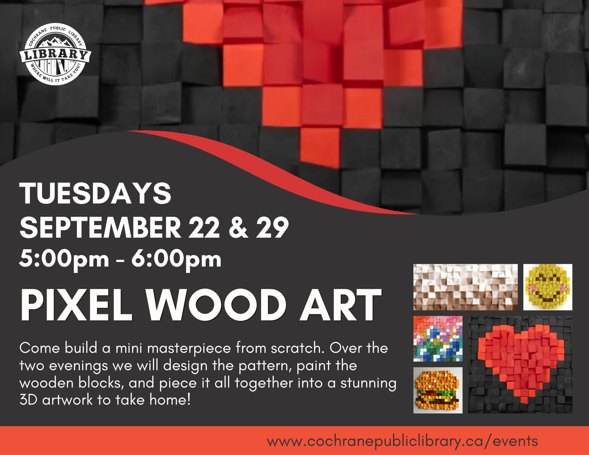 Black background with Red wood pixel heart and event details.