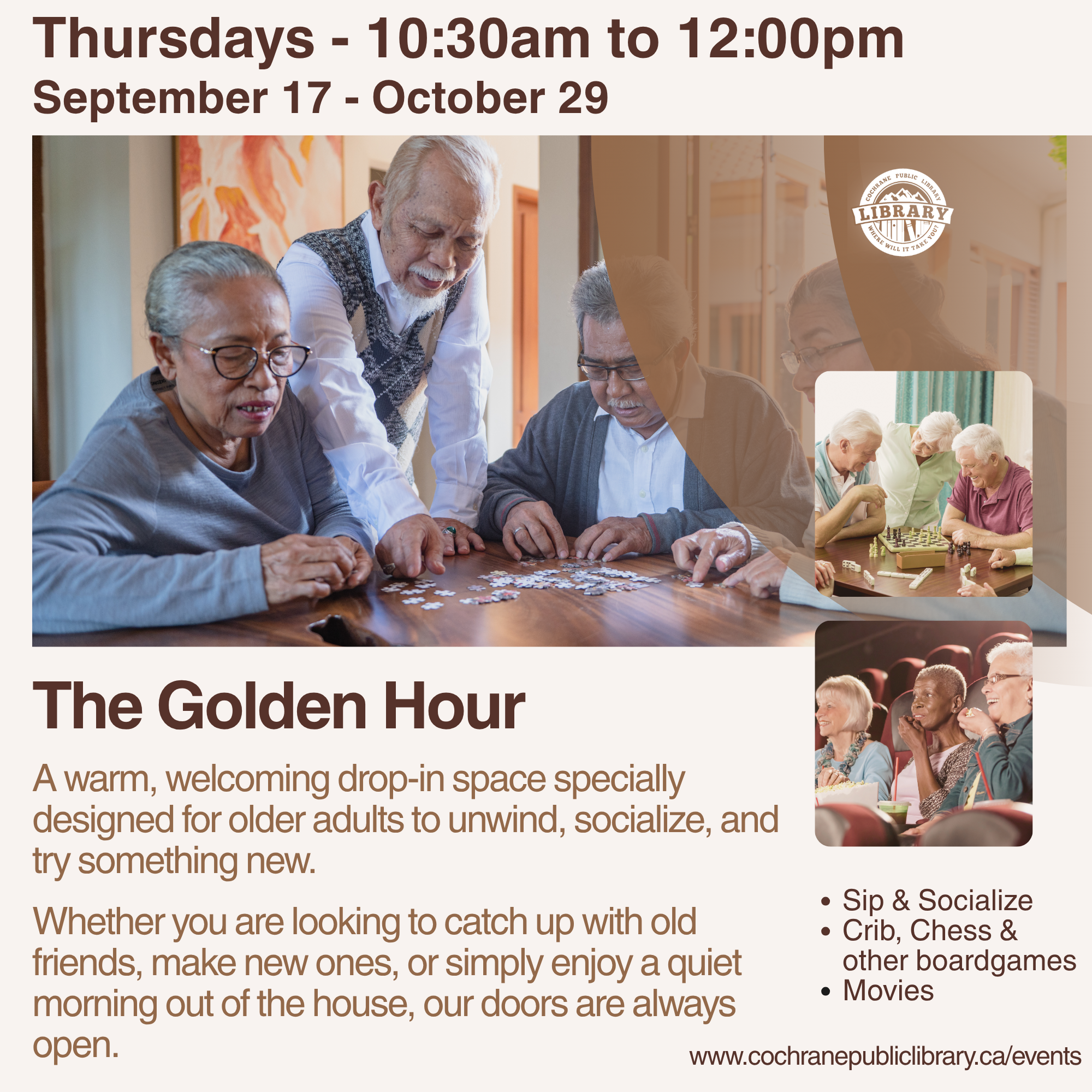 Beige background with photos of seniors doing puzzles, watching movies. Lists event details.