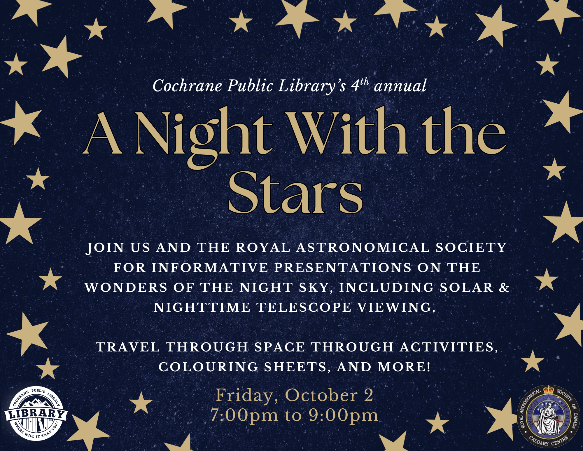A dark blue poster for a night with the stars, with a gold star border and a night sky background