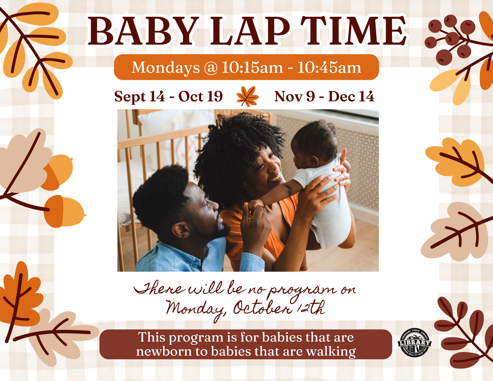 Autumnal themed poster with leaves around the border. The picture in the centre depicts a couple holding their baby.