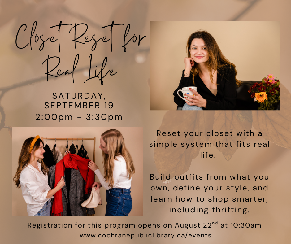 Beige poster for closet reset for real life with pictures of a dark haired woman looking at clothes with a blonde haired woman