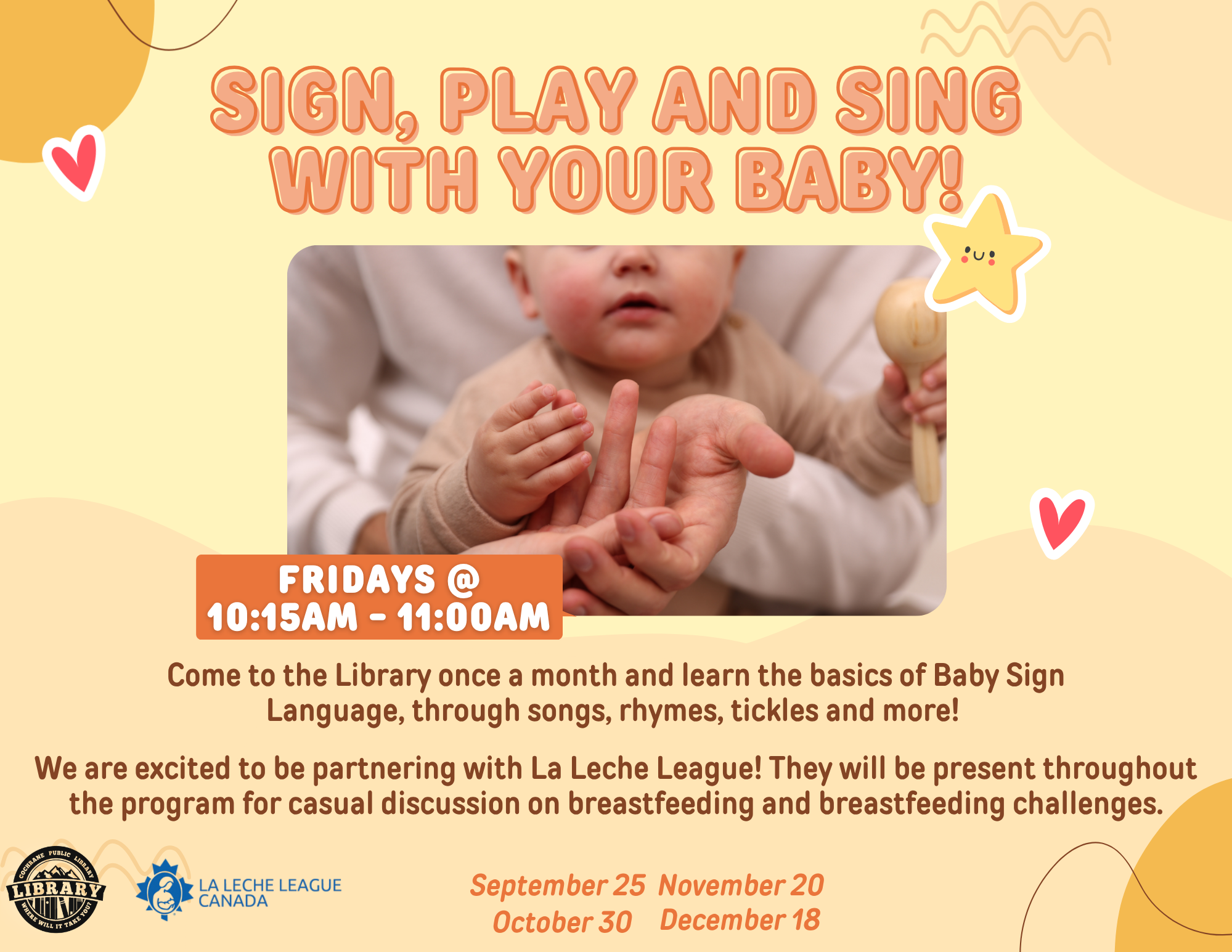 Pale yellow poster with a photo of a baby and caregiver's hands, details of the program are described on this poster