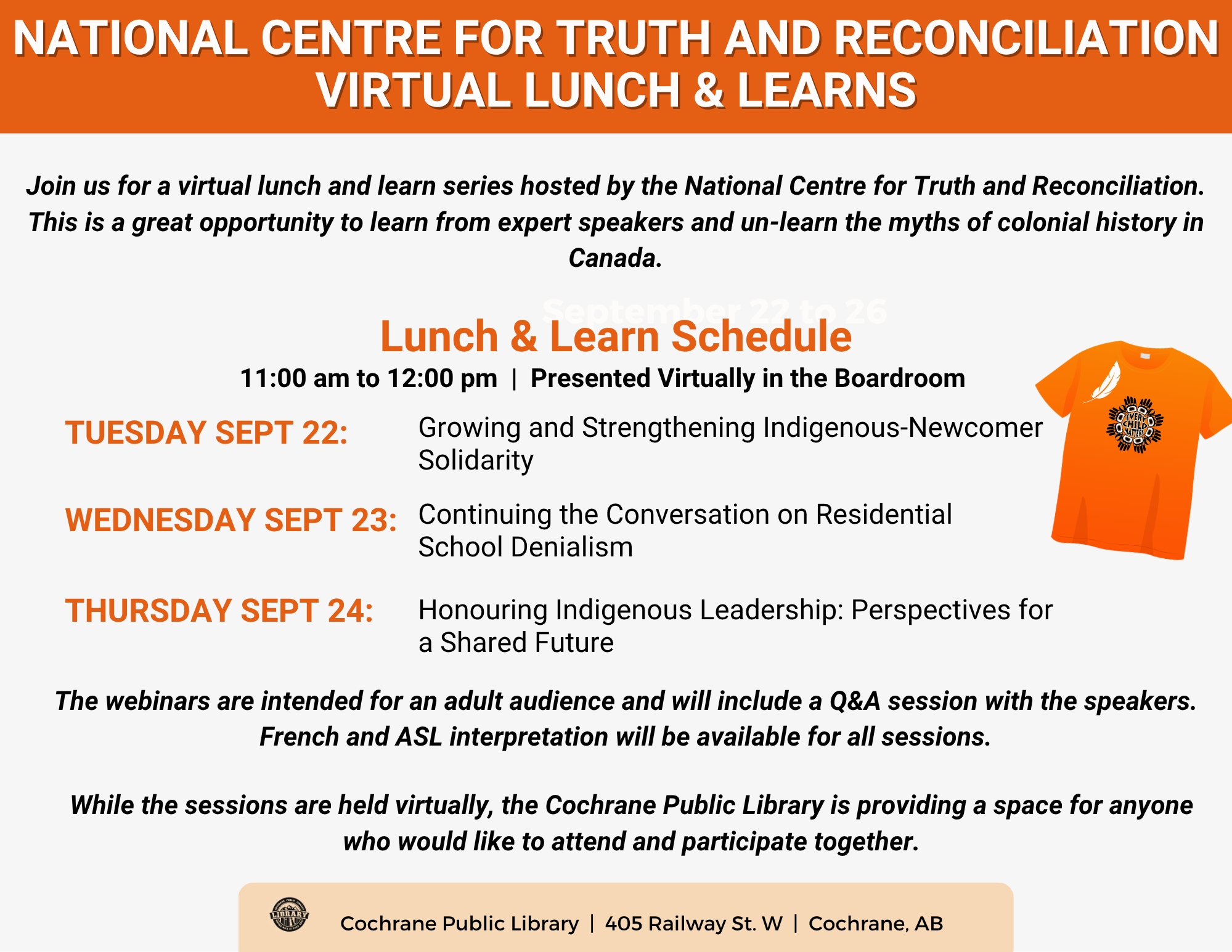 White poster with orange border showing the details of the Truth and Reconciliation Lunch and Learns