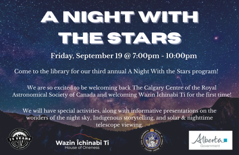 Poster for a night with the stars describing exactly what is listed in the description. The background is a dark picture of the night sky filled with stars.