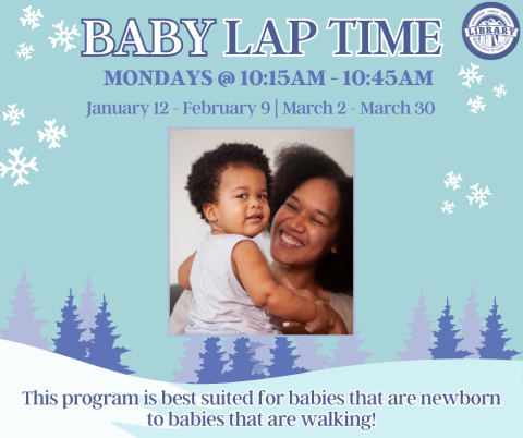 A light blue and wintery poster for baby lap time, with the information laid out in this event posting.