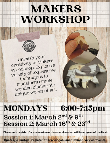 Woodgrain background with photos of wood projects and event details